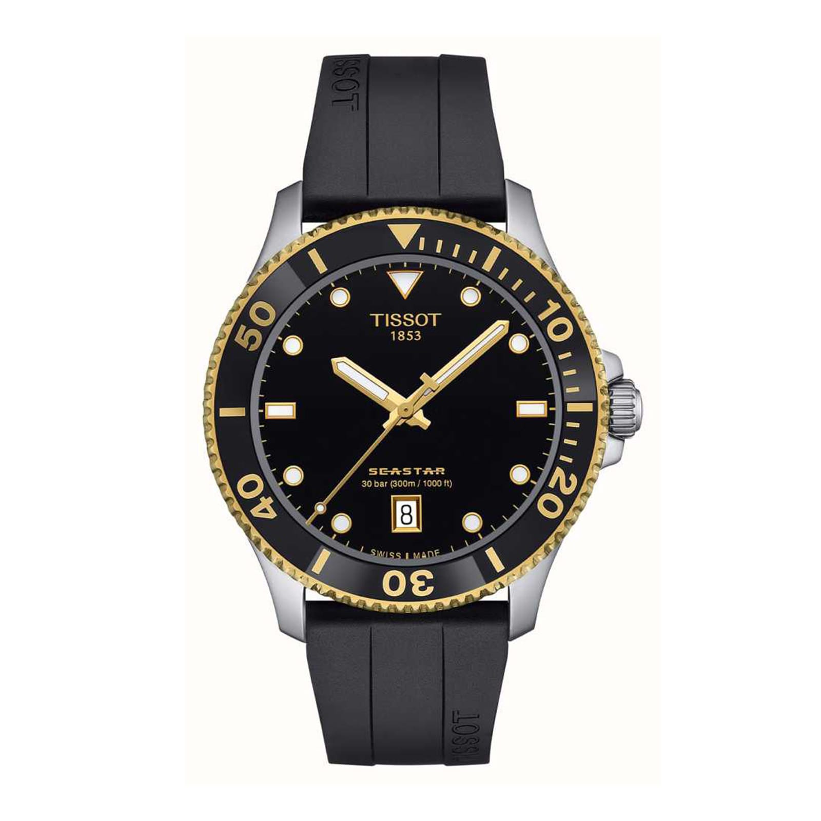 The Tissot Seastar 1000 is a stylish diver’s watch with a black dial, gold bezel, and black rubber strap. It features a date display and 30 bar water resistance, making it ideal for underwater adventures.