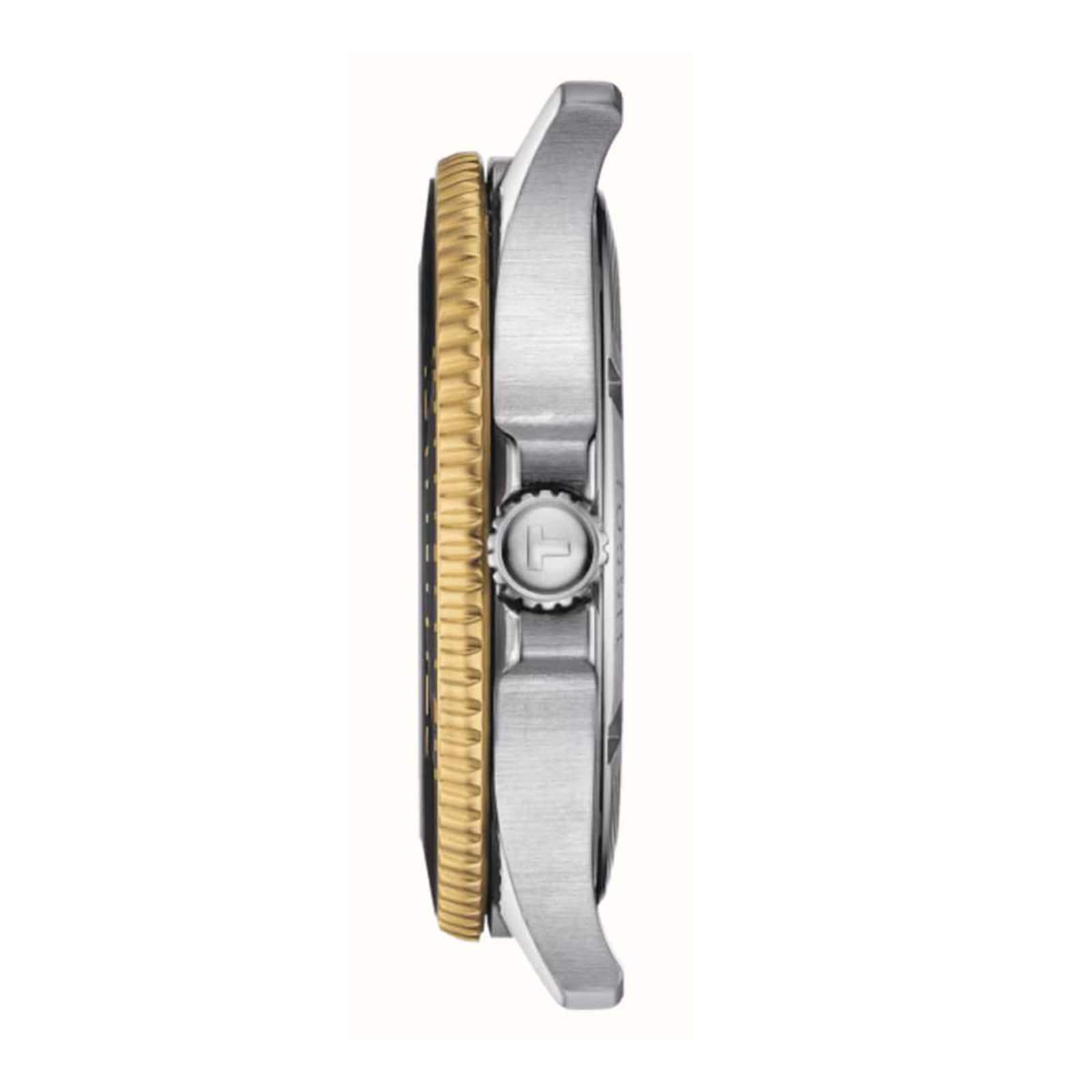 Side view of the Tissot Seastar 1000 watch with a silver-tone case, gold-tone bezel, and textured crown featuring an engraved H logo; water resistant to 30 bar.