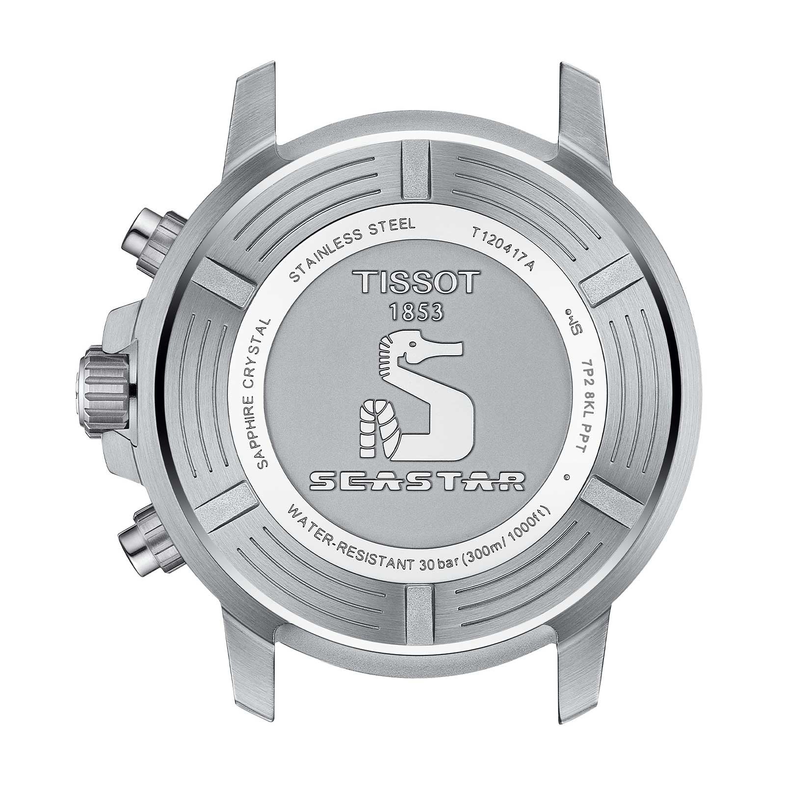 Back view of the Tissot Seastar 1000 Chronograph case displays engraved branding, specs, water resistance info, and a seahorse logo.