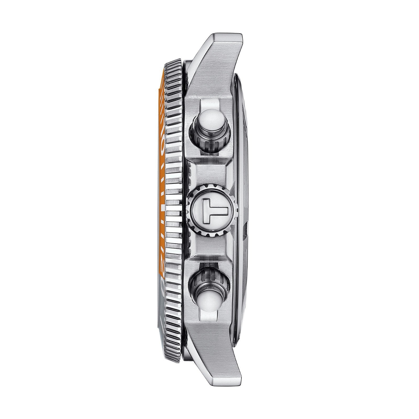 Side view of the Tissot Seastar 1000 Chronograph, showing its stainless steel case, orange bezel, crown, and two pushers—ideal for diving enthusiasts.