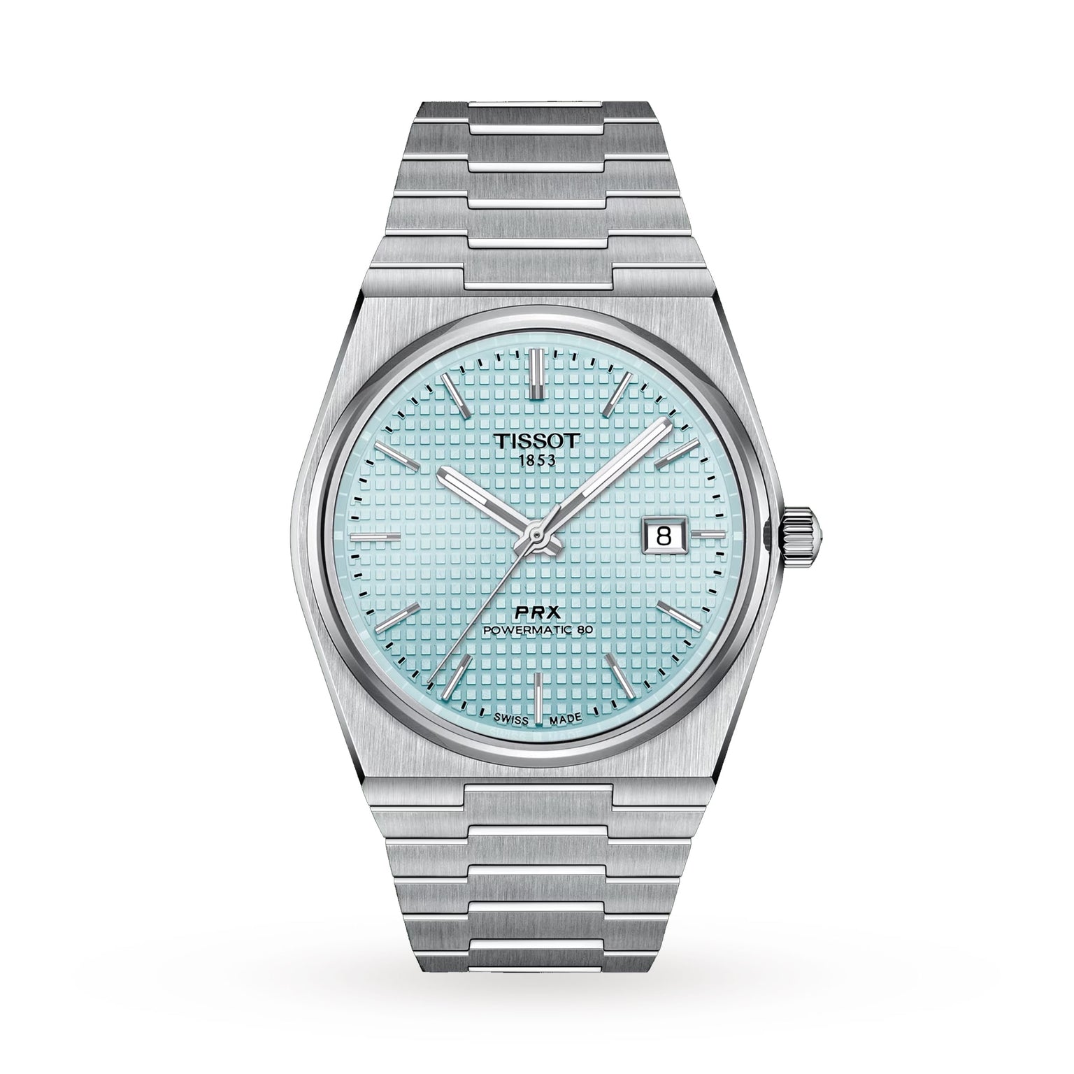 The Tissot PRX Powermatic 80 features a stainless steel case, light blue textured dial, date at 3 o’clock, and metal link bracelet—highlighting the refined elegance of Tissot on a white background.