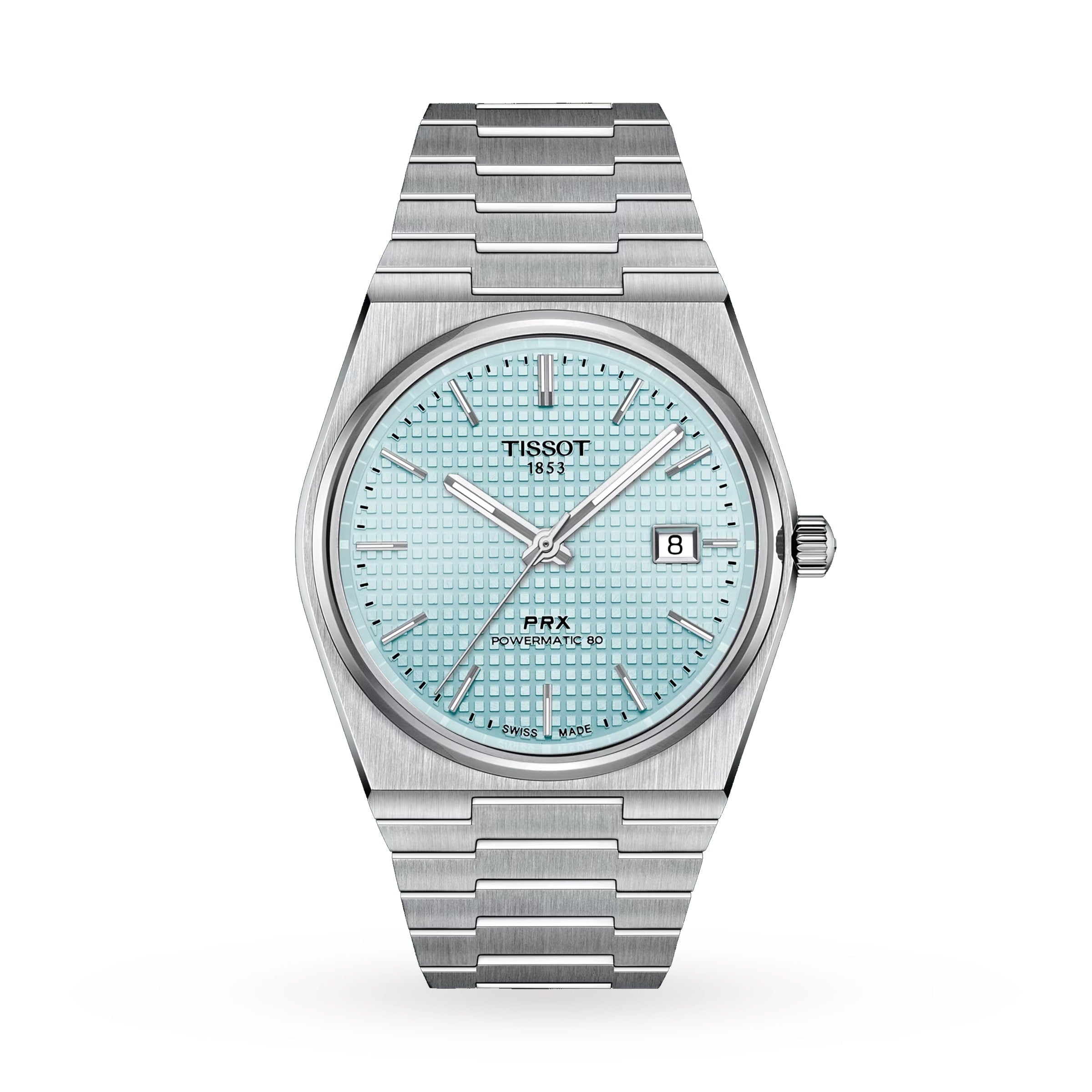 The Tissot PRX Powermatic 80 features a stainless steel case, light blue textured dial, date at 3 o’clock, and metal link bracelet—highlighting the refined elegance of Tissot on a white background.
