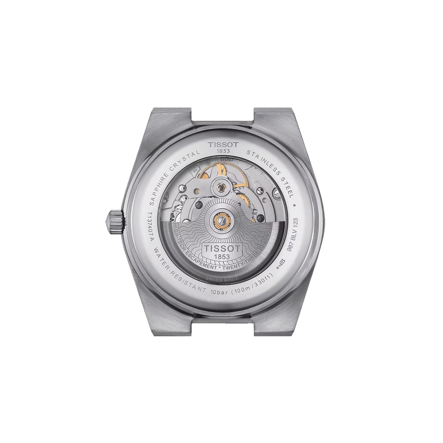 Rear view of the Tissot PRX Powermatic 80 reveals its automatic movement through a sapphire crystal caseback, complemented by an elegant stainless steel case.