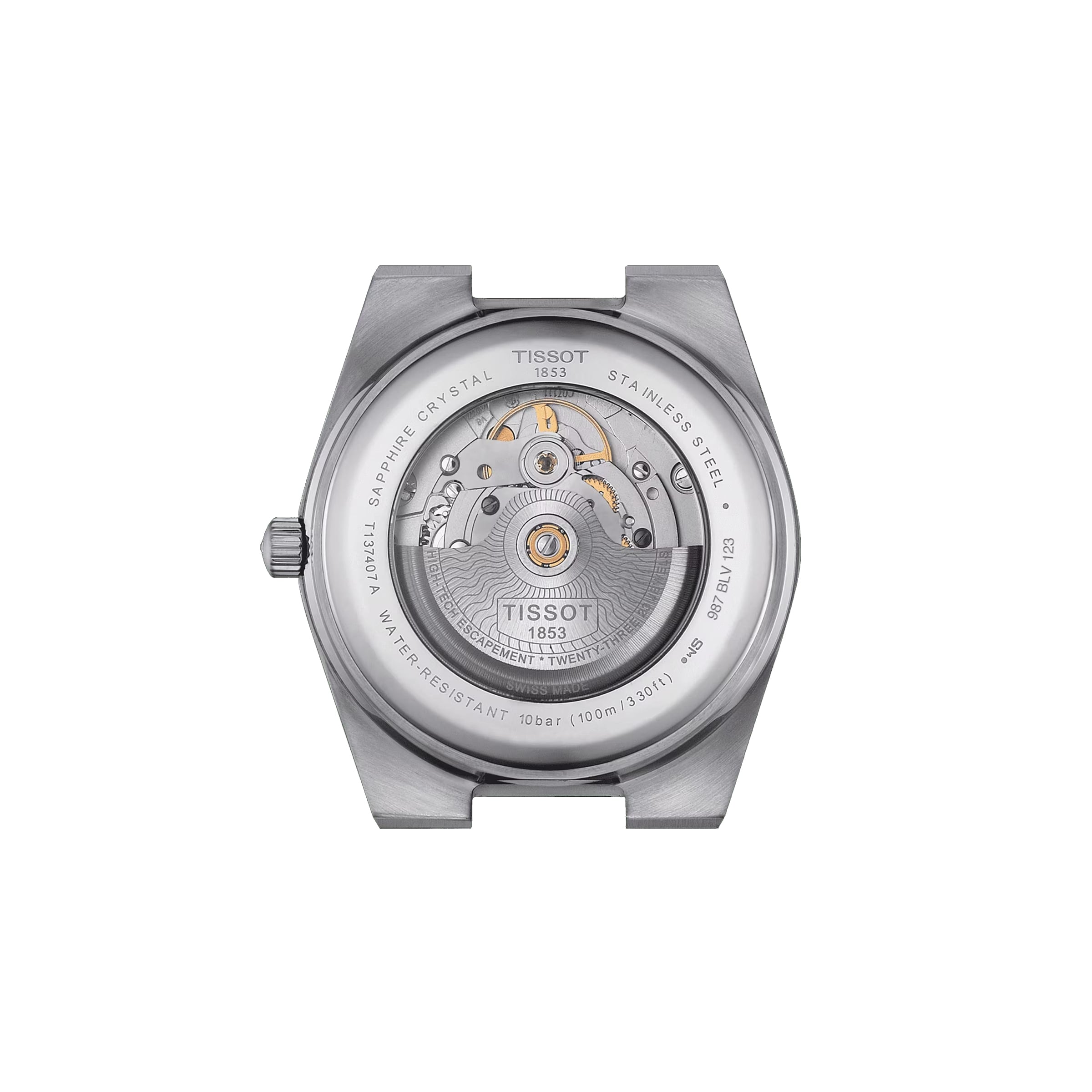 Rear view of the Tissot PRX Powermatic 80 reveals its automatic movement through a sapphire crystal caseback, complemented by an elegant stainless steel case.