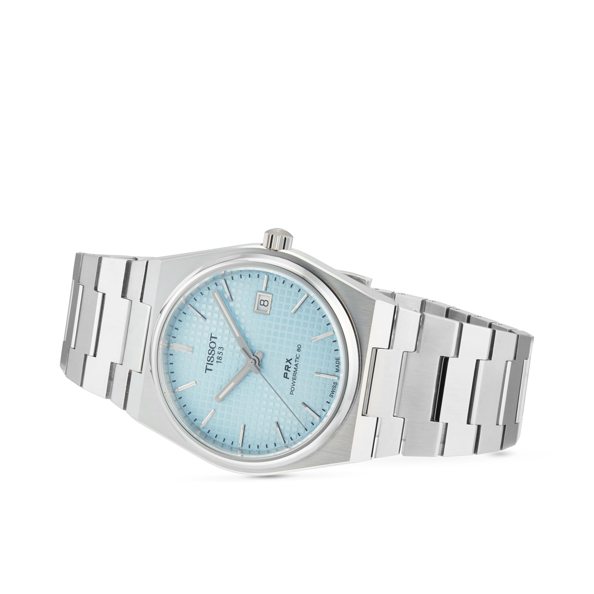 The Tissot PRX Powermatic 80 features a silver stainless steel case, light blue patterned dial, date display at 3 o’clock, and silver hour markers and hands—a timeless addition to the Tissot collection.
