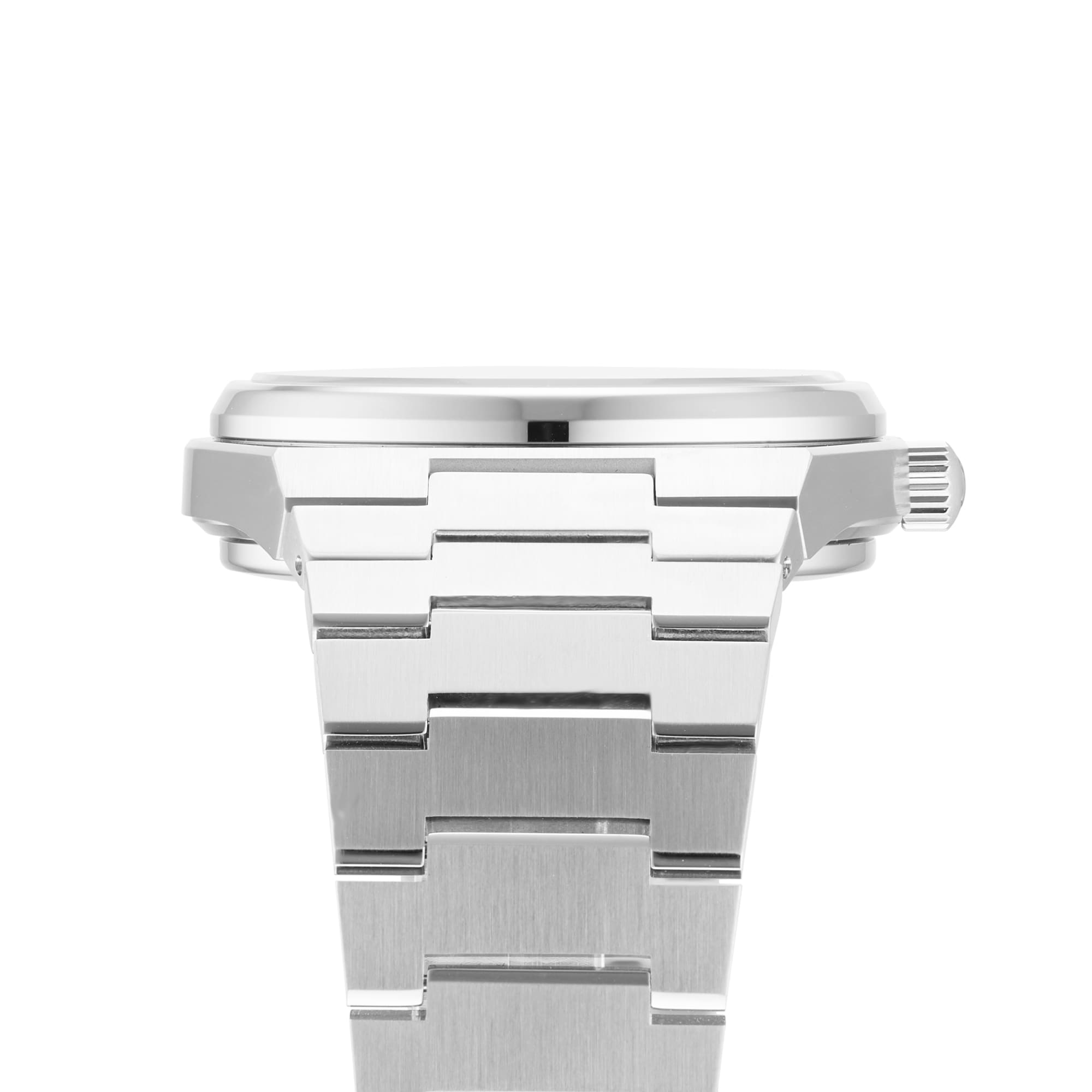 Side view of the Tissot PRX Powermatic 80 watch with stainless steel case, metal link band, crown, and Powermatic 80 movement, displayed against a white background.