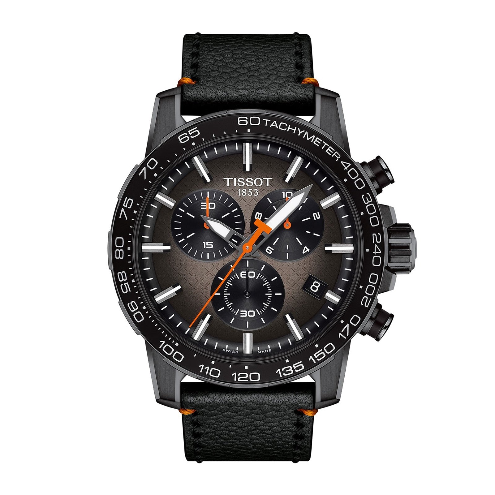 Tissot Supersport Chrono Basketball Edition featuring a black chronograph dial, orange accents, black leather strap, and tachymeter bezel.