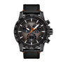 Tissot Supersport Chrono Basketball Edition featuring a black chronograph dial, orange accents, black leather strap, and tachymeter bezel.