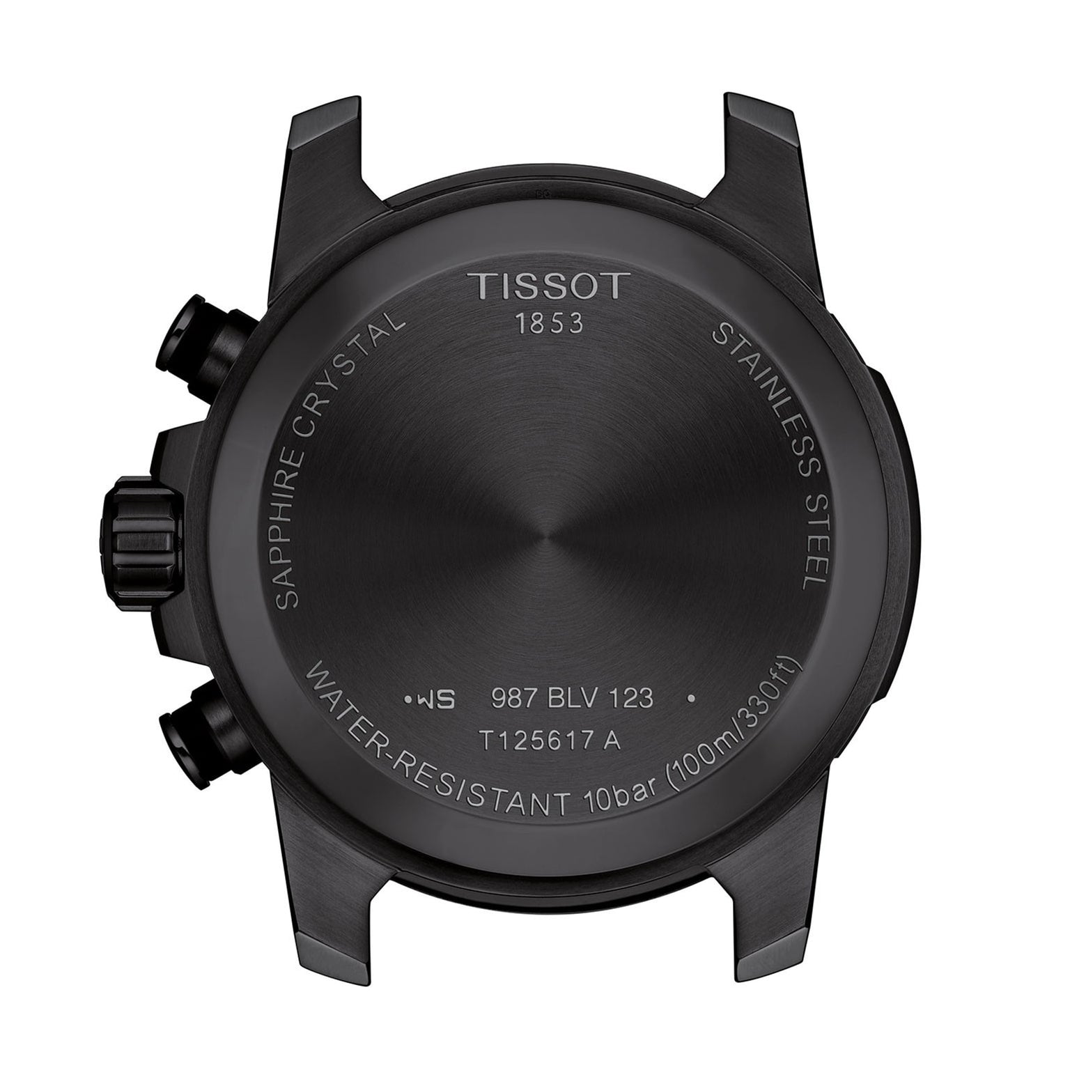 Back view of the Tissot Supersport Chrono Basketball Edition, displaying case engravings with model details, water resistance, and material information.