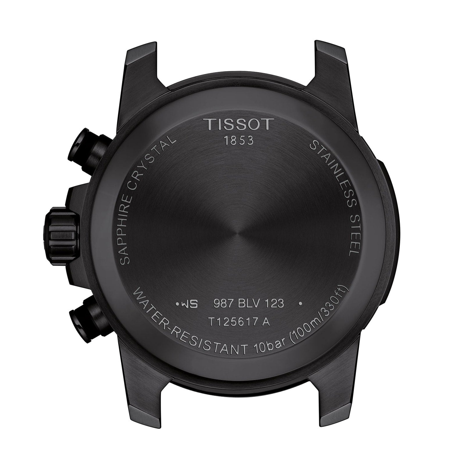 Back view of the Tissot Supersport Chrono Basketball Edition, displaying case engravings with model details, water resistance, and material information.