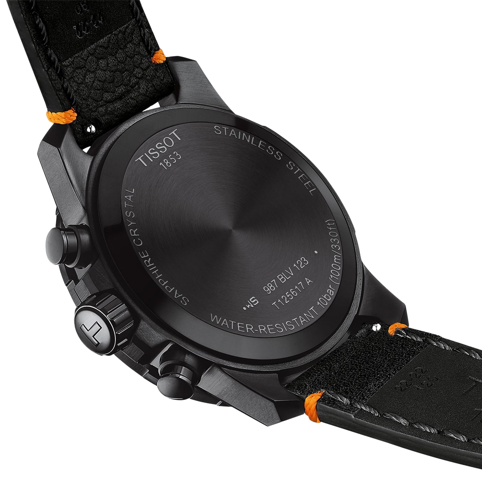 The back of the Tissot Supersport Chrono Basketball Edition features visible engravings and a black leather strap accented with orange stitching.