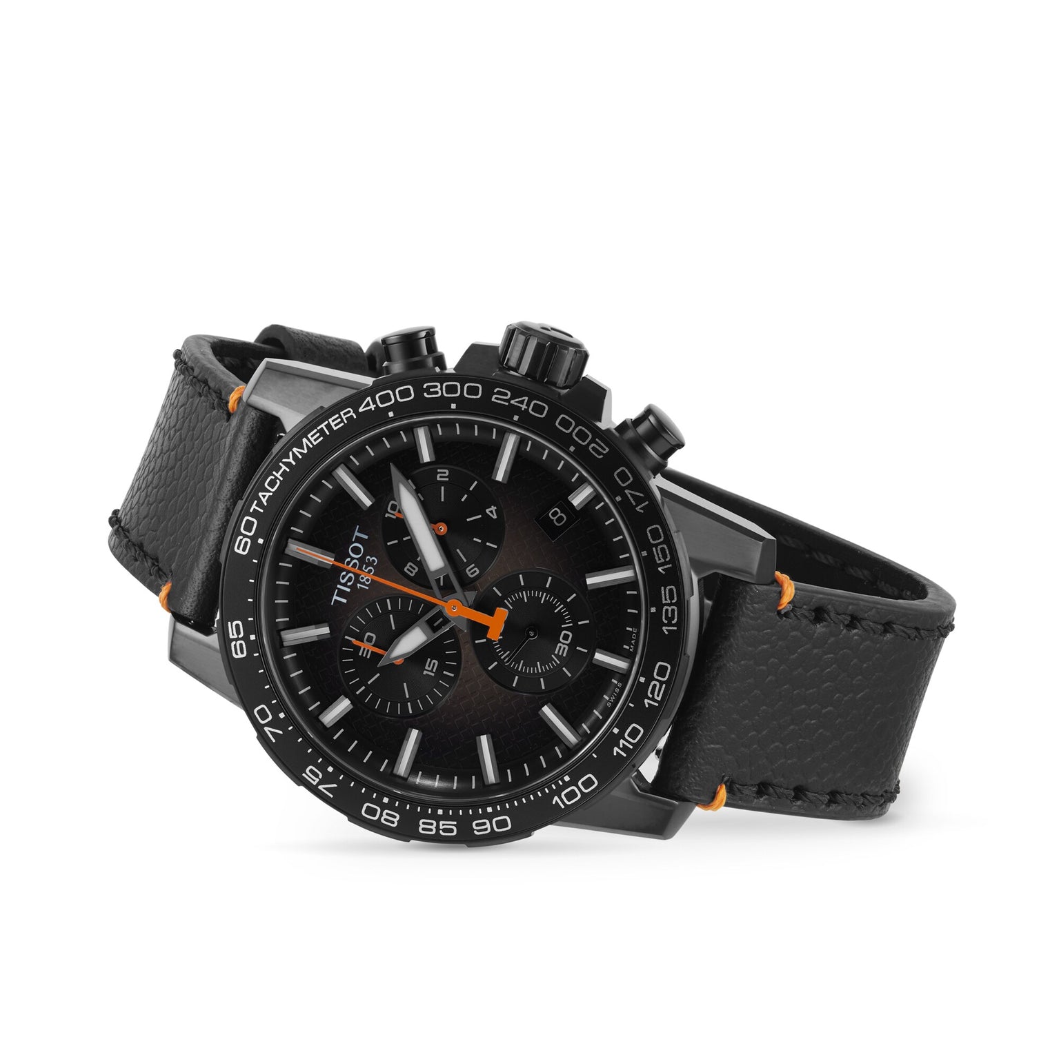 The Tissot Supersport Chrono Basketball Edition features a black chronograph dial, black leather strap, orange accents, and a tachymeter bezel.