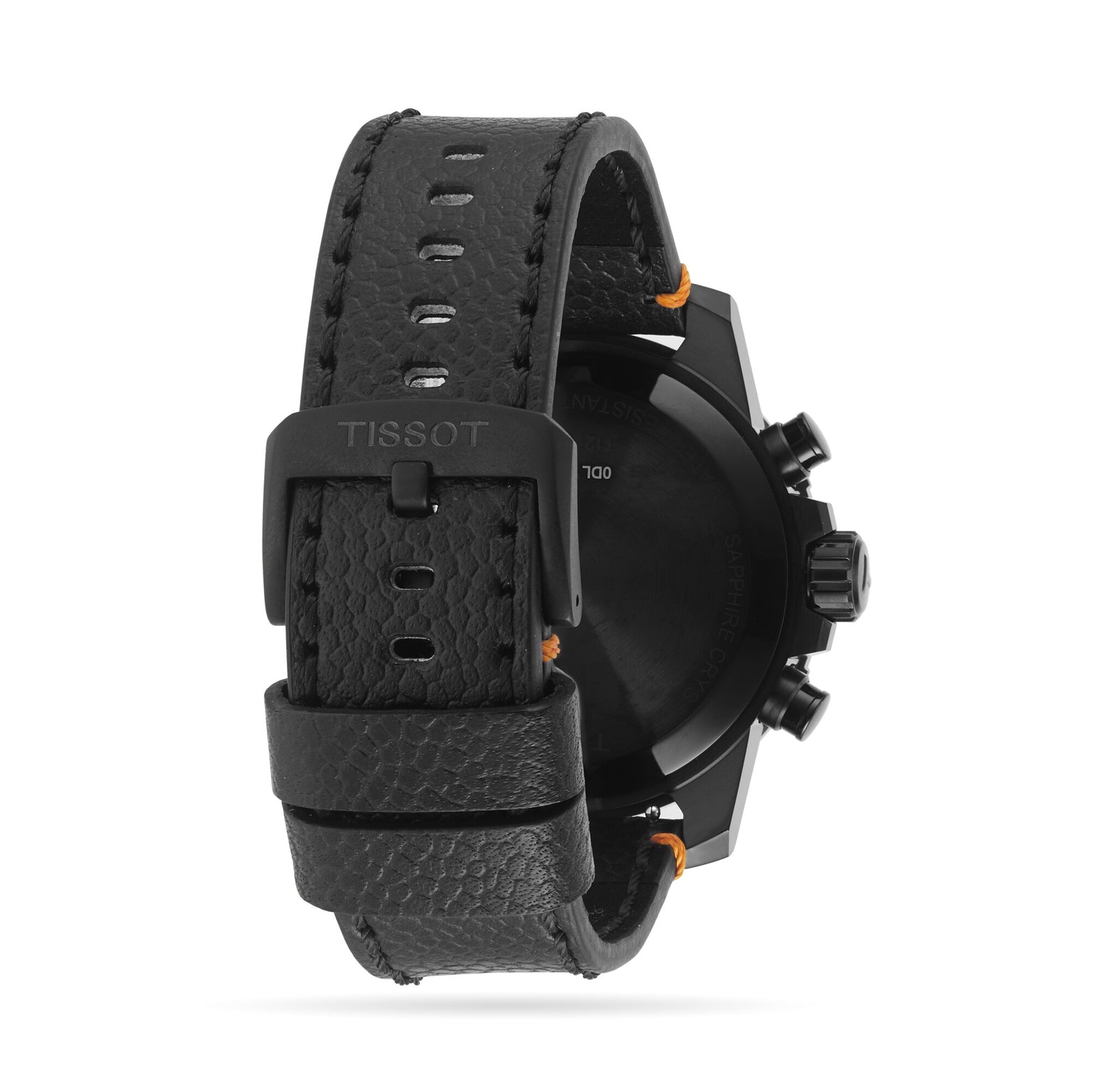 The Tissot Supersport Chrono Basketball Edition watch features a textured leather strap with a visible buckle, displayed from the back.