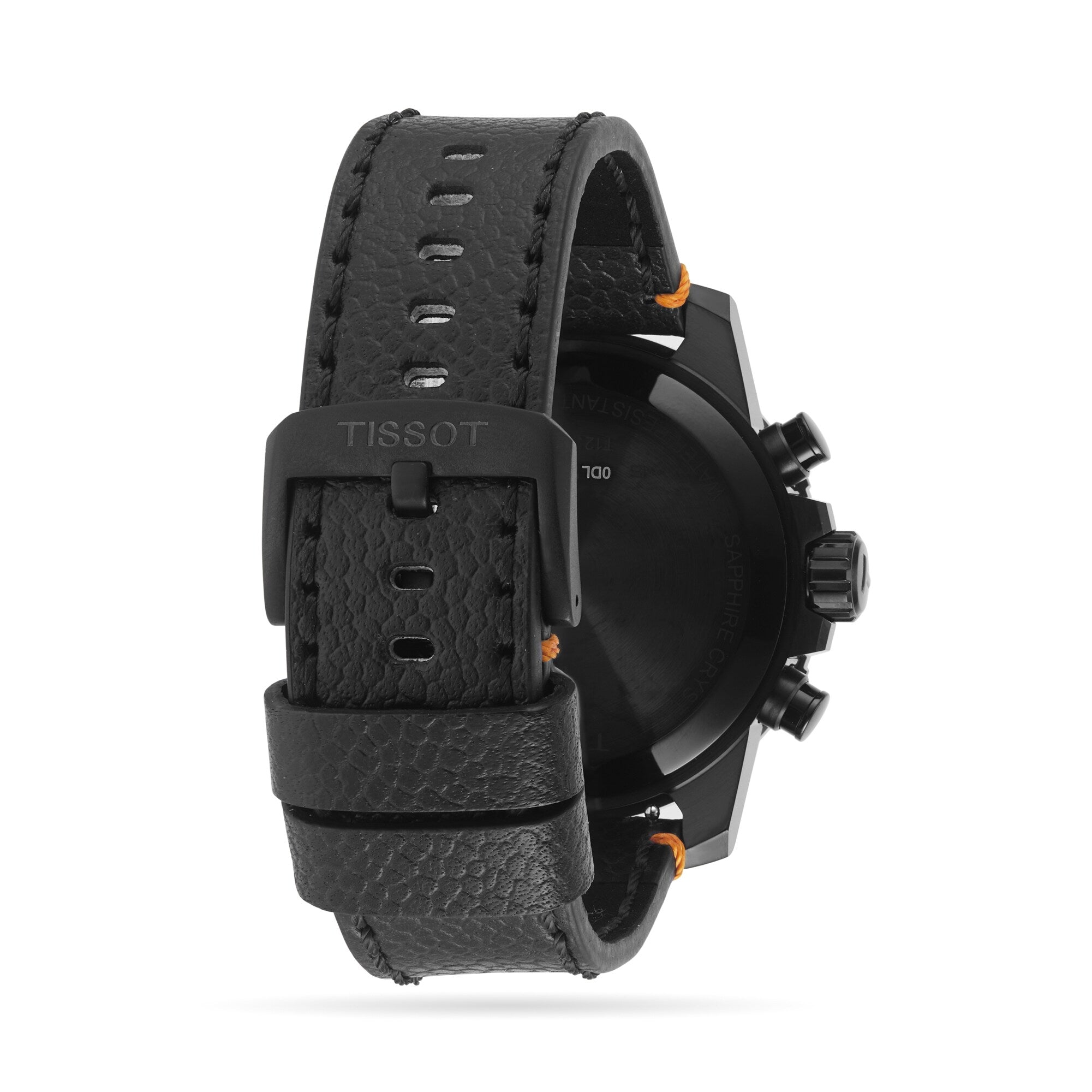 The Tissot Supersport Chrono Basketball Edition watch features a textured leather strap with a visible buckle, displayed from the back.