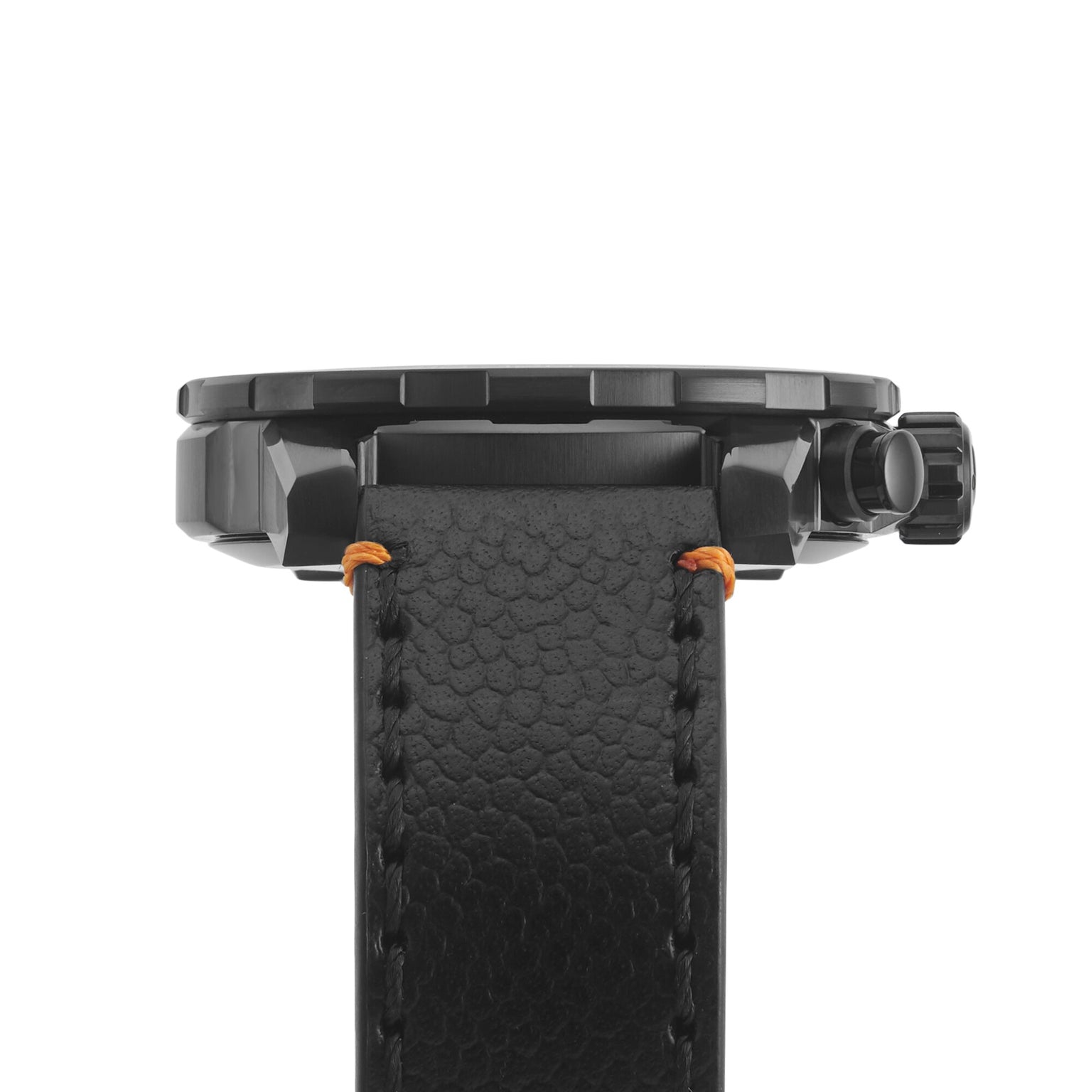 Side view of the Tissot Supersport Chrono Basketball Edition, a black wristwatch with a leather strap and orange stitching near the lugs.