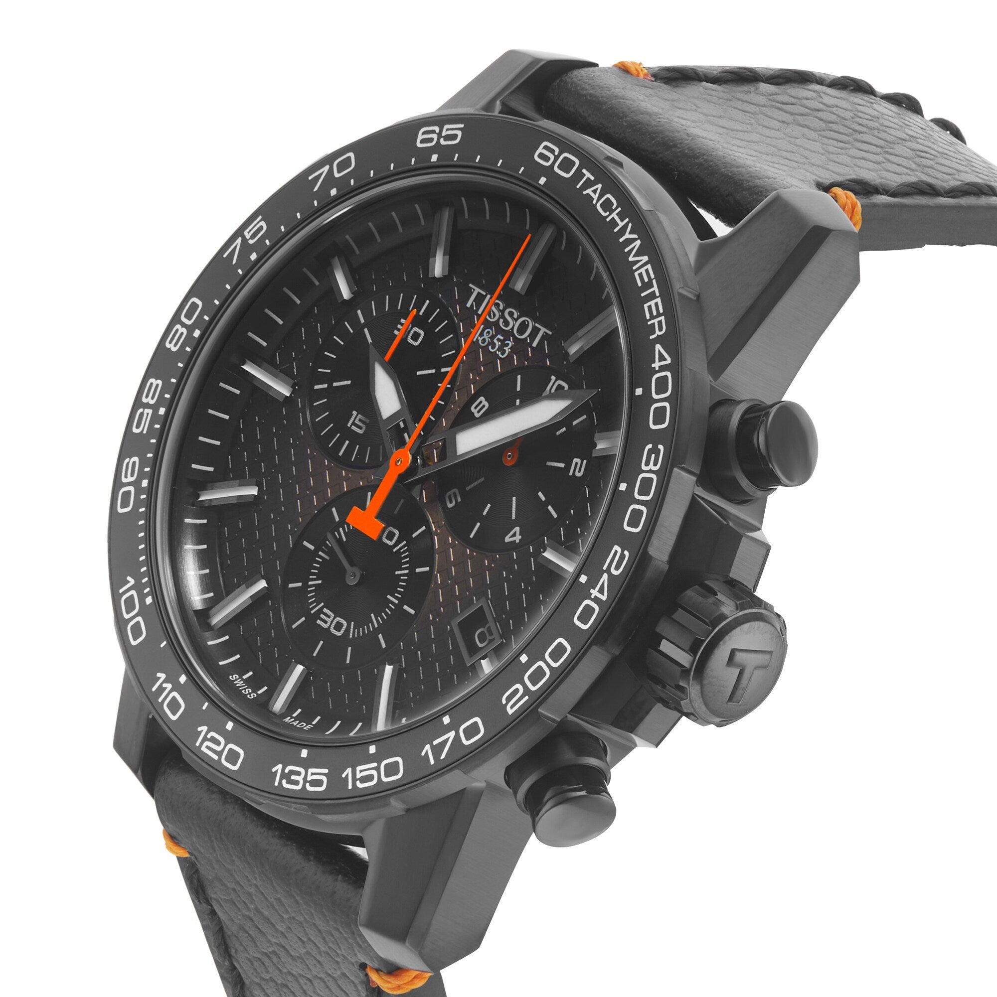 Tissot Supersport Chrono Basketball Edition: black chronograph wristwatch with orange accents, black leather strap, and tachymeter bezel.