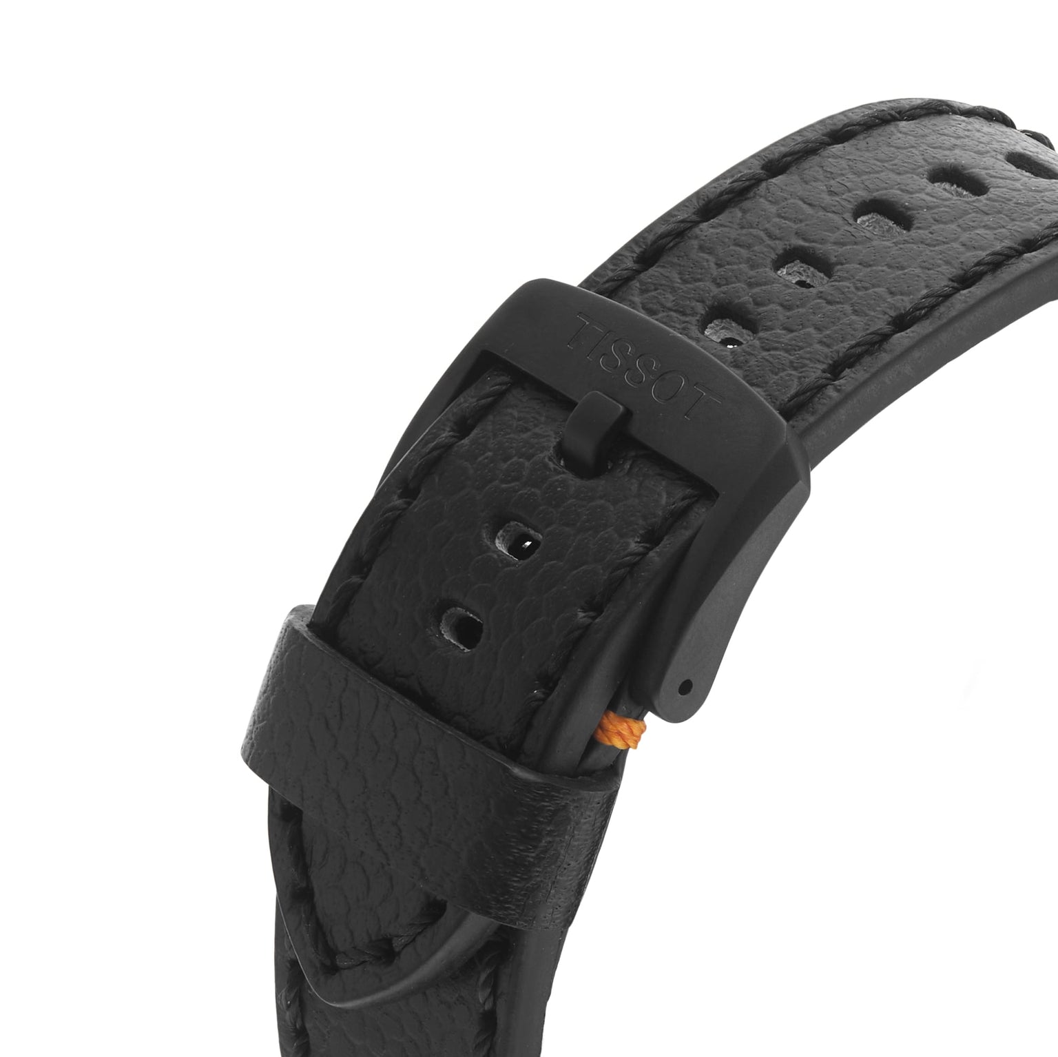 Close-up of the black leather strap with textured finish and black buckle on the Tissot Supersport Chrono Basketball Edition.