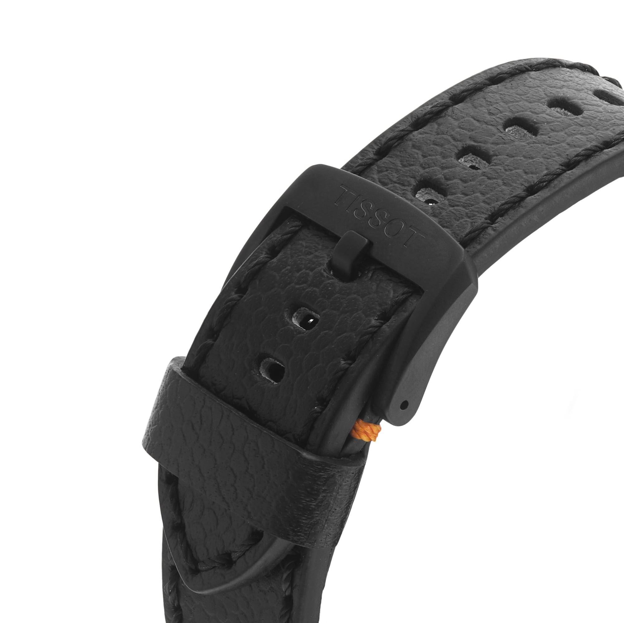 Close-up of the black leather strap with textured finish and black buckle on the Tissot Supersport Chrono Basketball Edition.