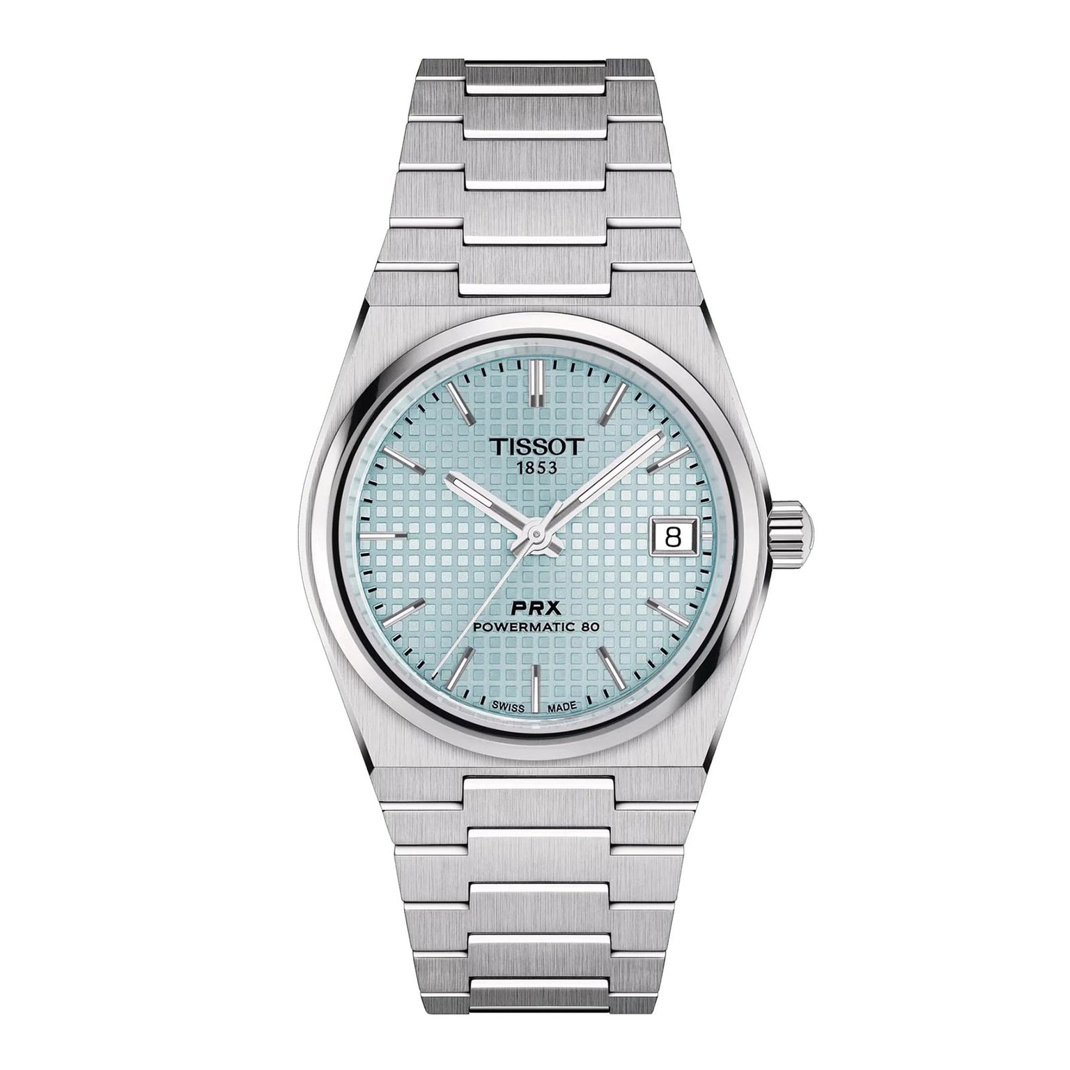The Tissot PRX Powermatic 80 is a stainless steel watch with a textured ice blue dial, date at 3 oclock, and silver hour markers.