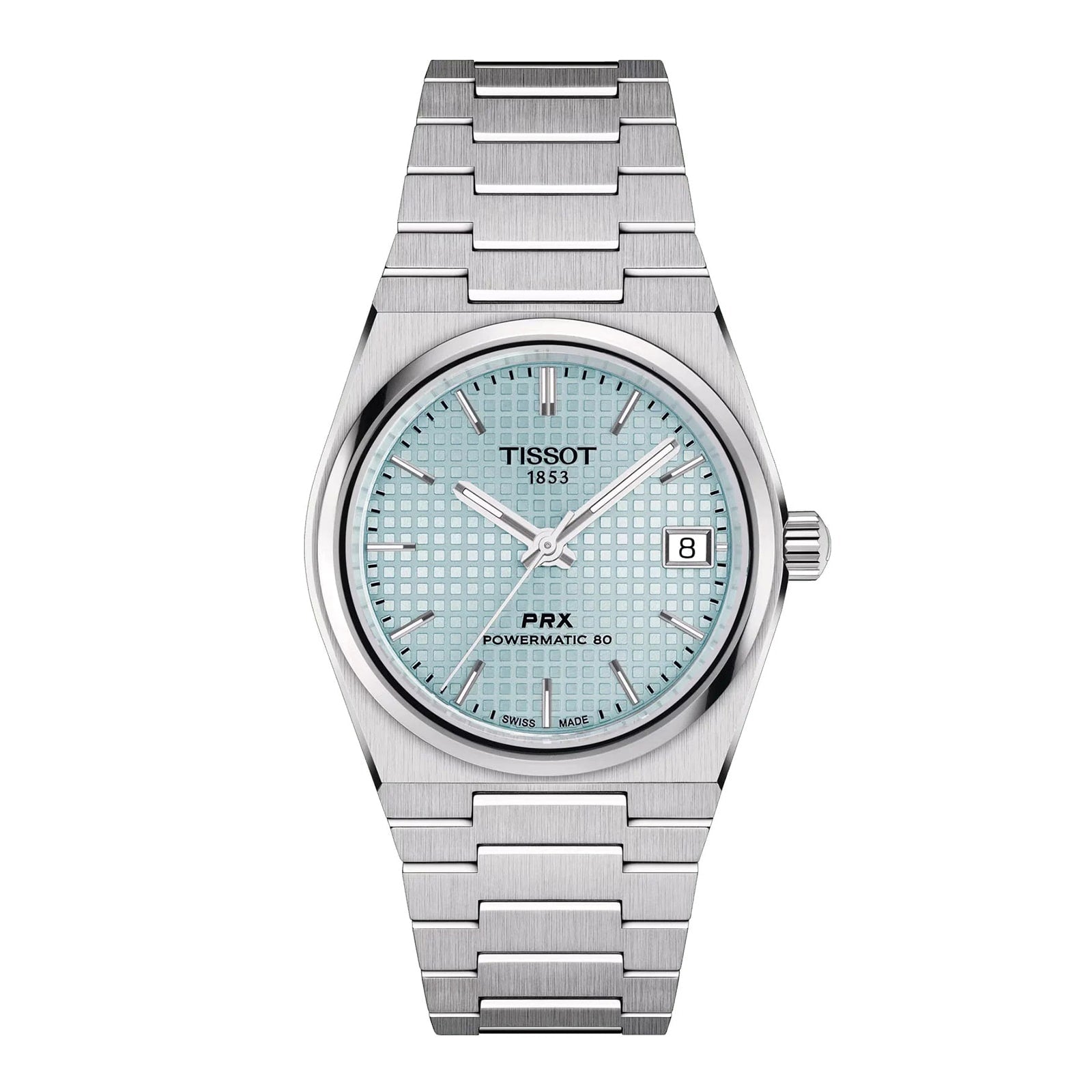 The Tissot PRX Powermatic 80 is a stainless steel watch with a textured ice blue dial, date at 3 oclock, and silver hour markers.