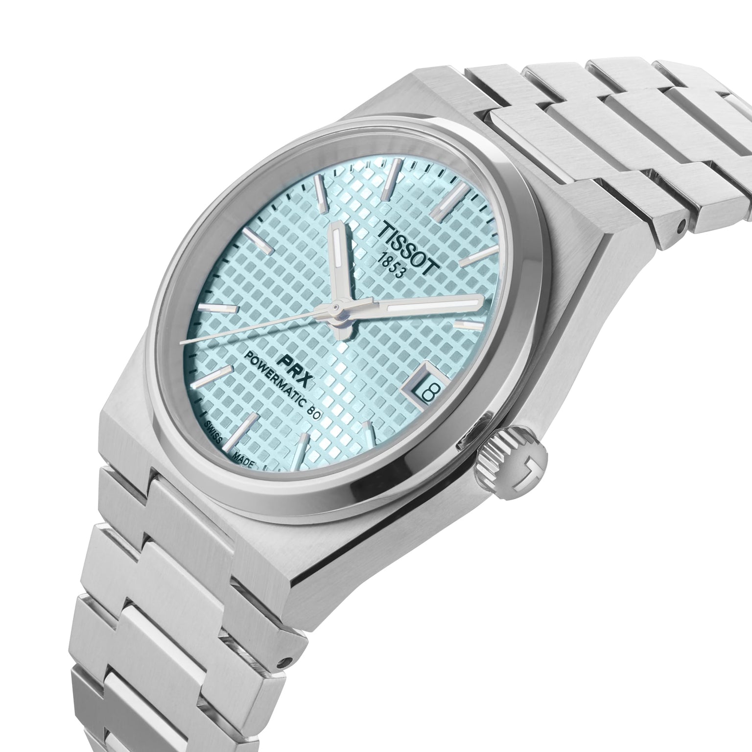 The Tissot PRX Powermatic 80 features an eye-catching ice blue dial, silver hour markers, a date display at 3 o’clock, and a sleek stainless steel bracelet.