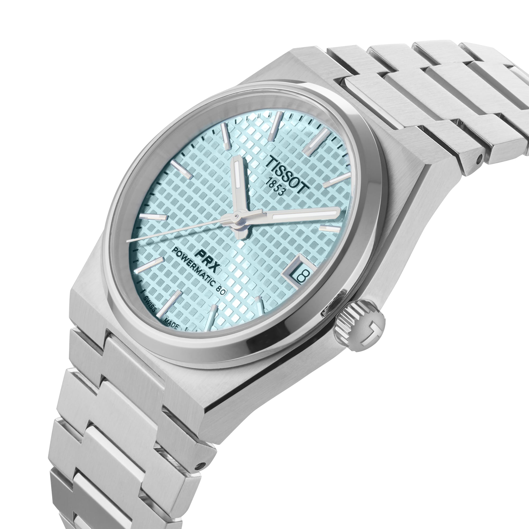 The Tissot PRX Powermatic 80 features an eye-catching ice blue dial, silver hour markers, a date display at 3 o’clock, and a sleek stainless steel bracelet.