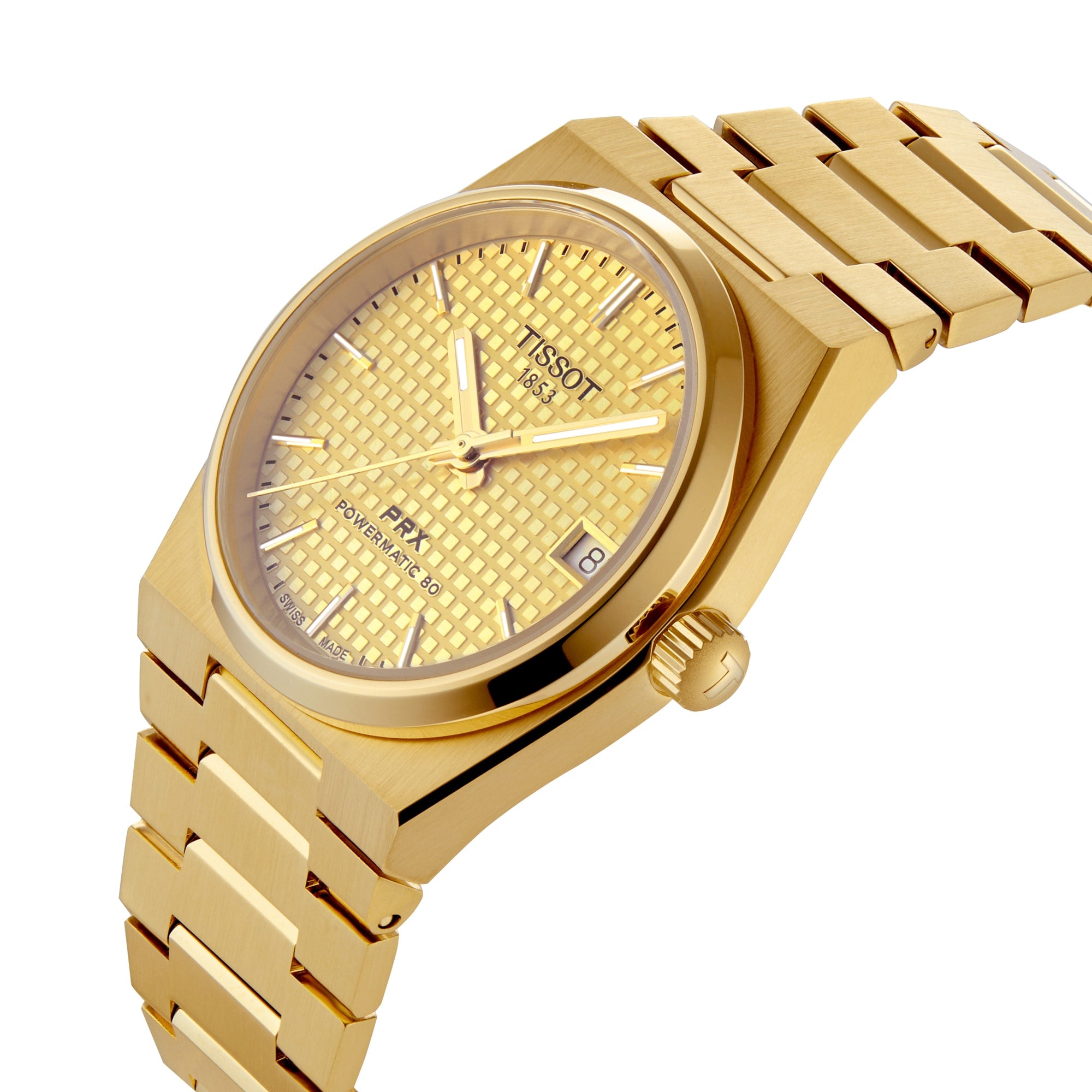 The Tissot PRX Powermatic 80 wristwatch features a gold PVD finish, waffle-pattern dial, date display at 3 o’clock, and matching gold metal bracelet.