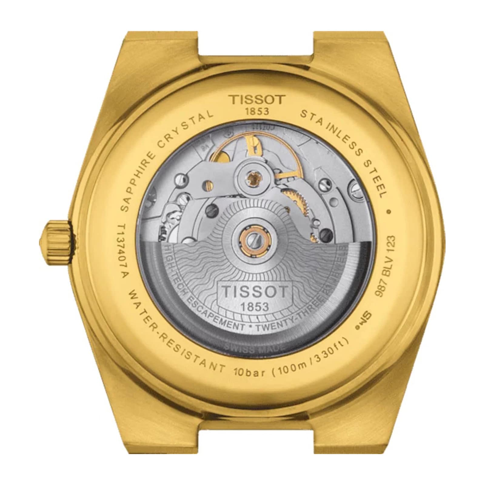 Back view of the Tissot PRX Powermatic 80 watch case showing its exposed automatic movement with labeled details, featuring a Nivachron hairspring and a gold-tone stainless steel case.