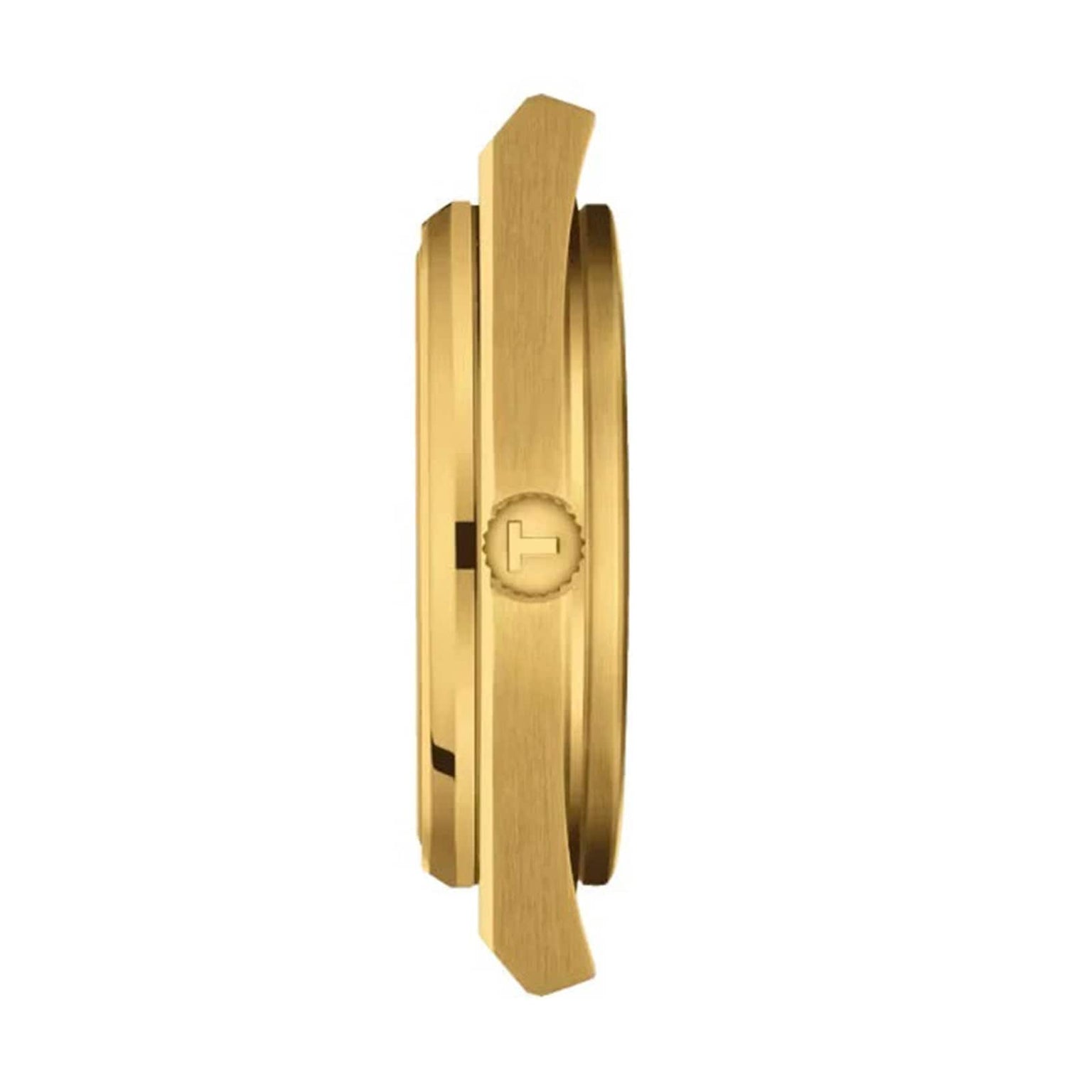 Side view of the Tissot PRX Powermatic 80 gold case with a round crown featuring a raised T logo, highlighting its refined design and advanced Nivachron hairspring.