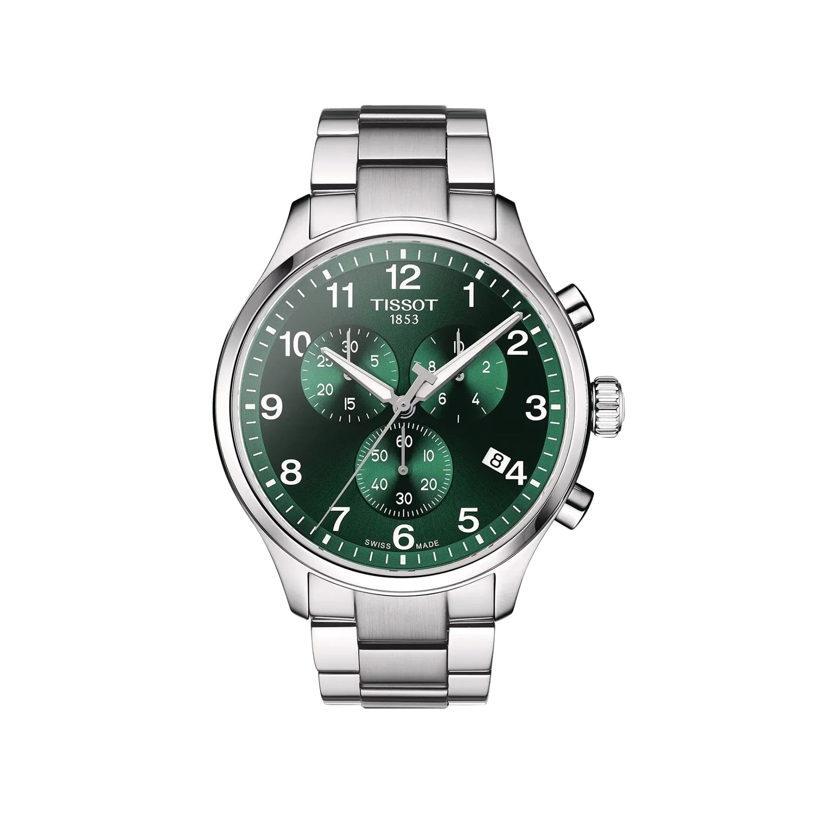 The Tissot Chrono XL Classic wristwatch features a silver stainless steel case, green dial with three subdials, a date window, and silver hour markers and hands. The large case is shown on a white background.