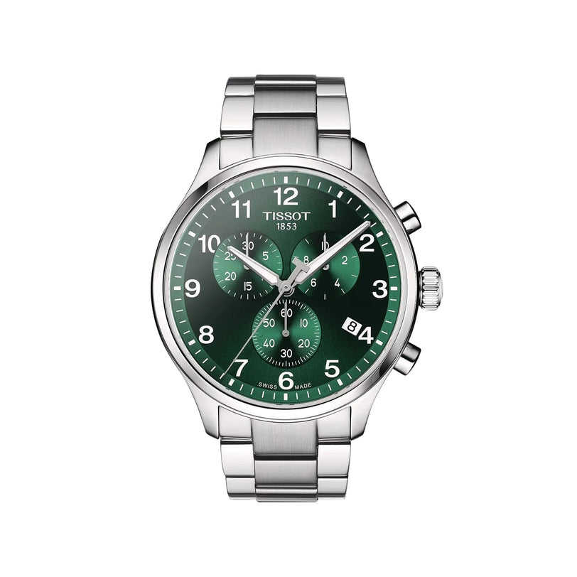 The Tissot Chrono XL Classic wristwatch features a silver stainless steel case, green dial with three subdials, a date window, and silver hour markers and hands. The large case is shown on a white background.