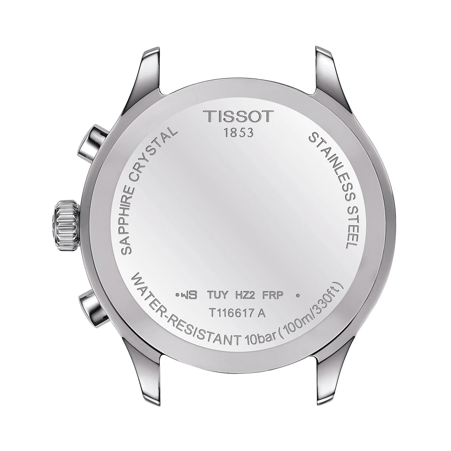 Back of a Tissot Chrono XL Classic watch displaying the brand, water resistance, model name, and material details.
