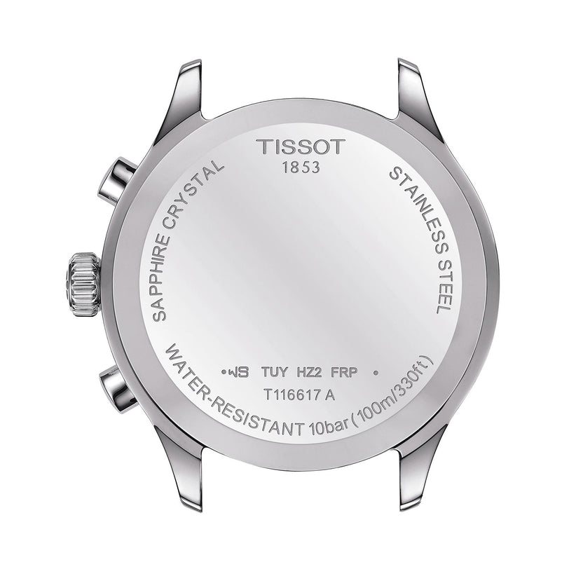 Back of a Tissot Chrono XL Classic watch displaying the brand, water resistance, model name, and material details.