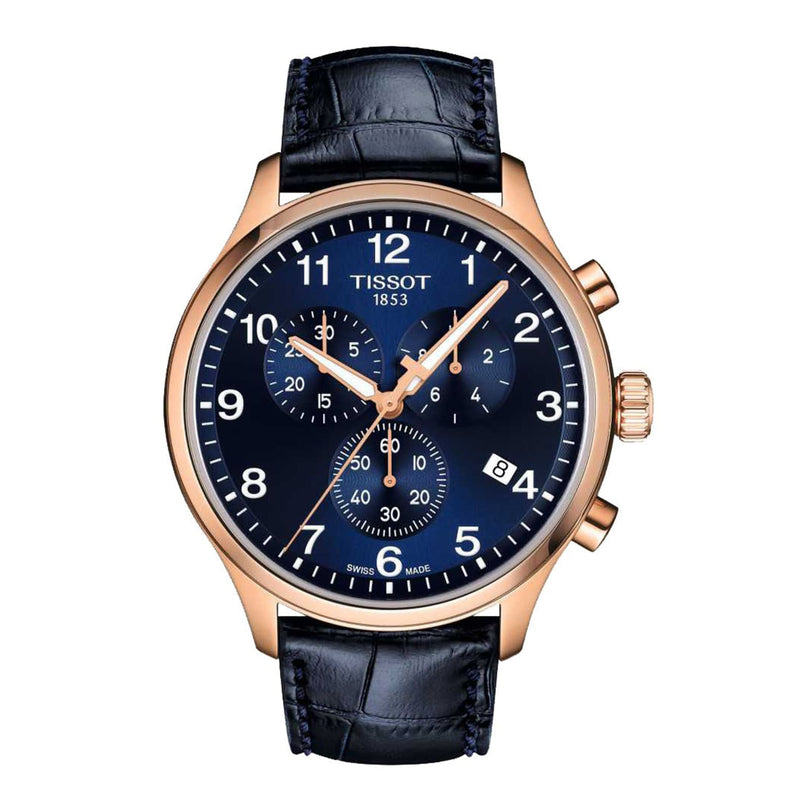 The Tissot Chrono XL Classic mens watch features a gold case, striking blue dial, black leather strap, date display, and three sub-dials with a precise chronograph function.