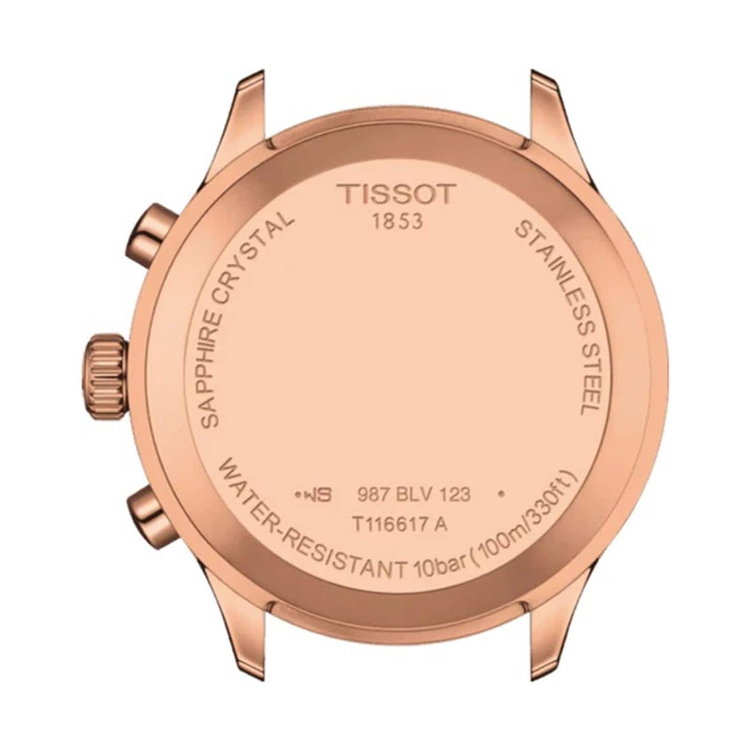 Back view of a Tissot Chrono XL Classic case displays inscriptions for sapphire crystal, stainless steel, water resistance of 10 bar (100m/330ft), model number T116617A, and serial number on its large case.