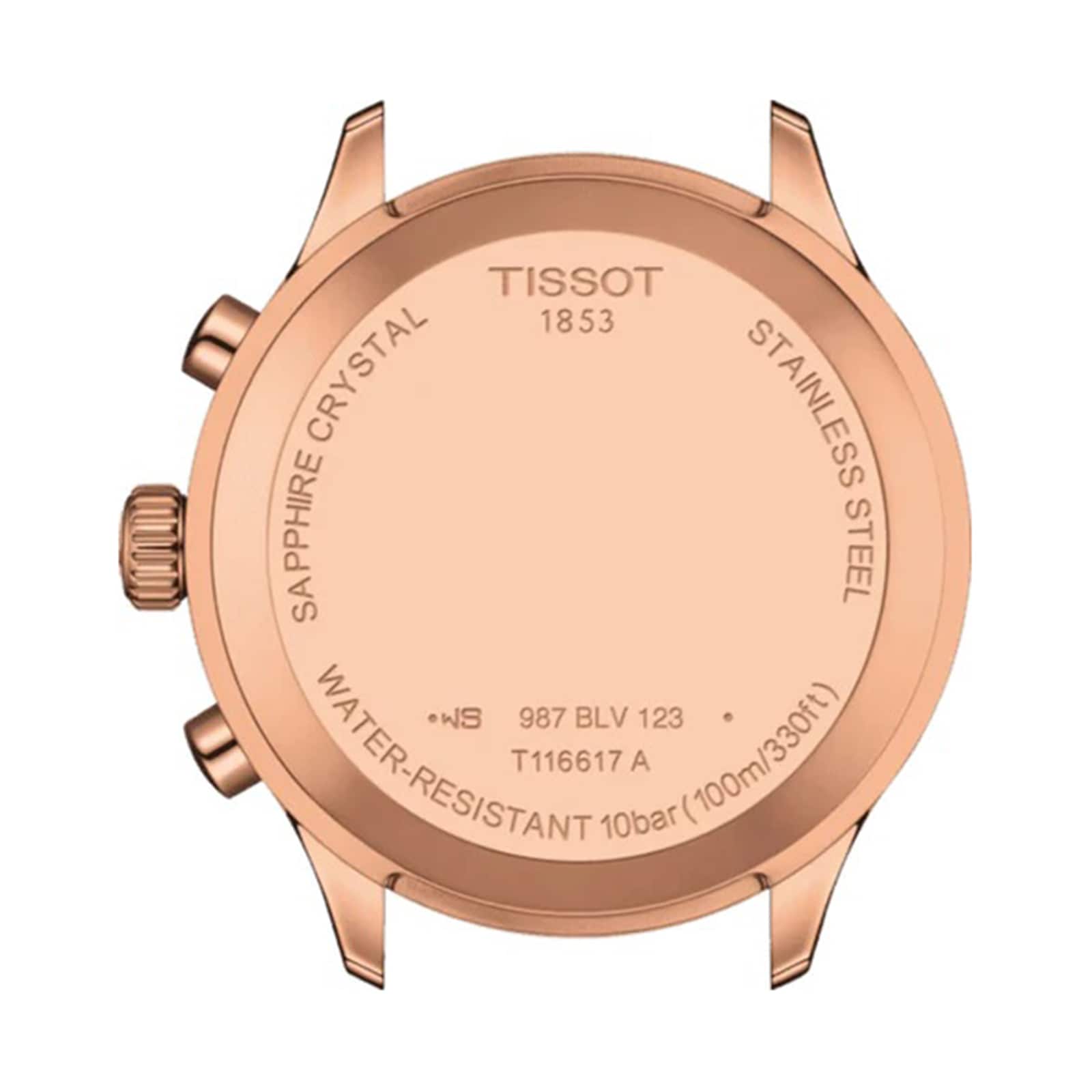 Back view of a Tissot Chrono XL Classic case displays inscriptions for sapphire crystal, stainless steel, water resistance of 10 bar (100m/330ft), model number T116617A, and serial number on its large case.