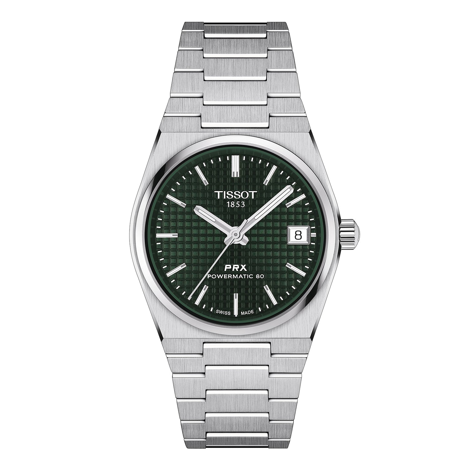 The Tissot PRX Powermatic 80 features a silver 35mm case, green textured dial, silver hour markers, and a date window at 3 o’clock.