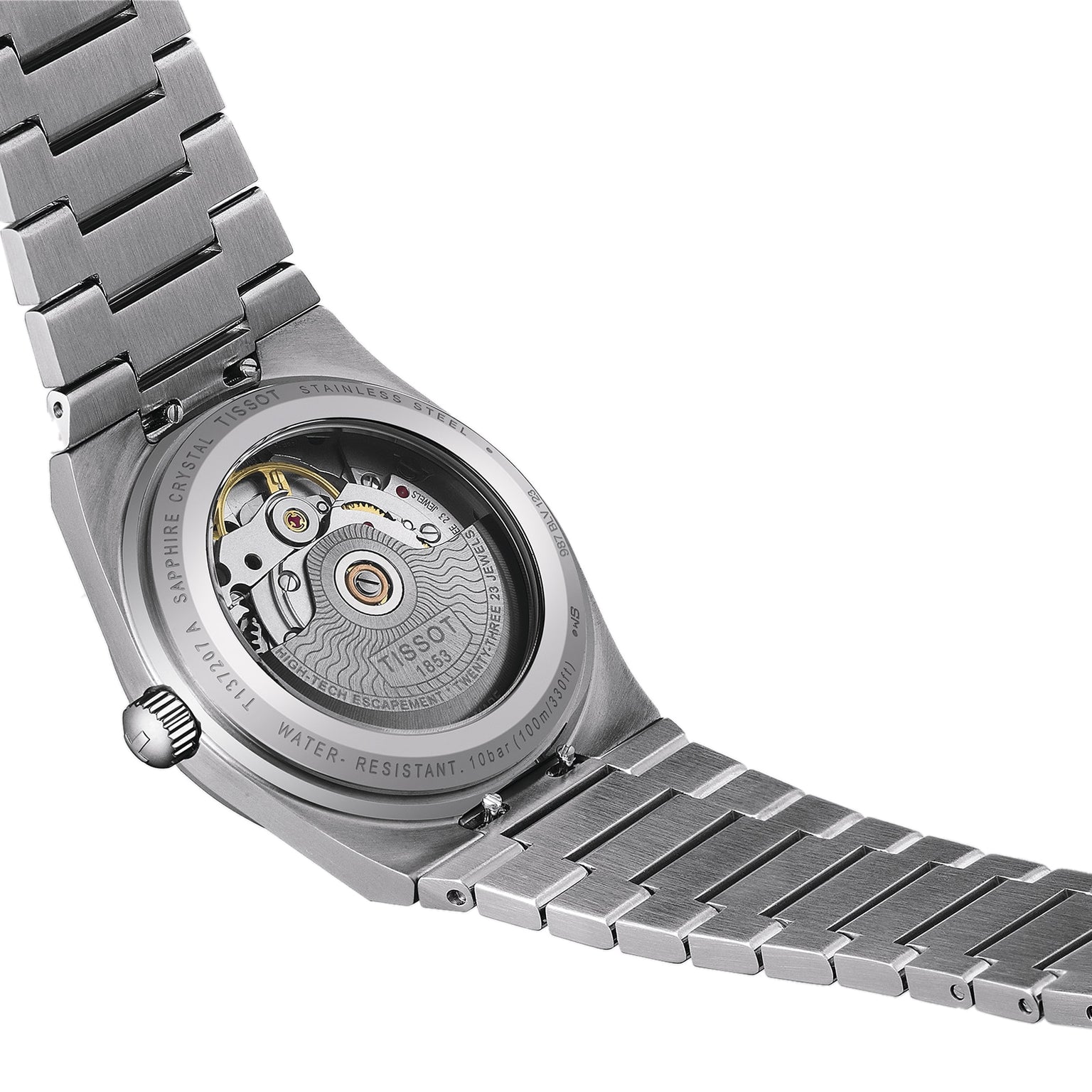 Close-up of the back of the Tissot PRX Powermatic 80, showcasing its automatic movement and intricate inner workings through a transparent case back.