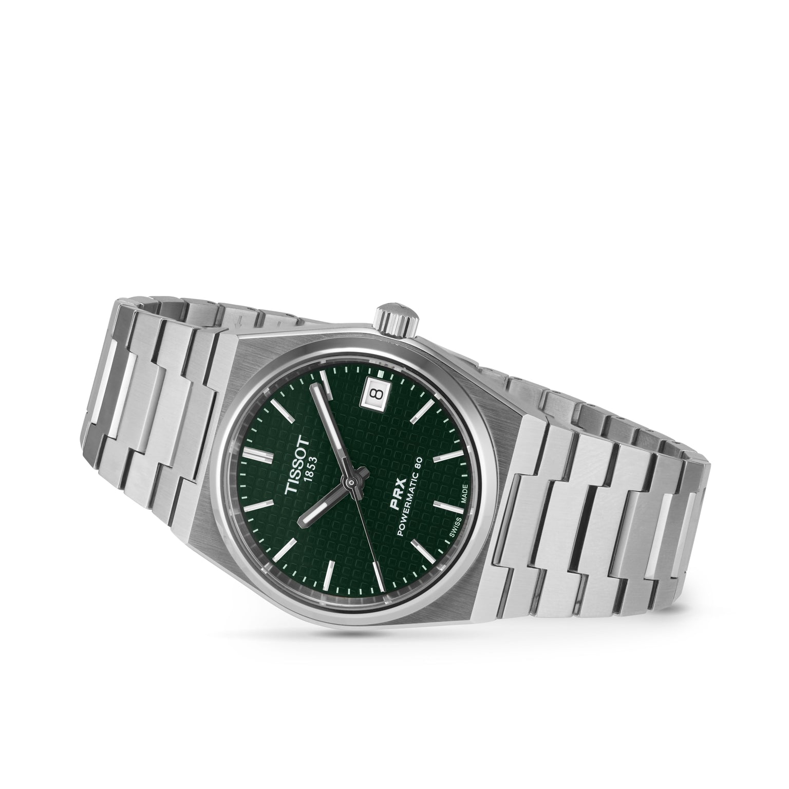 The Tissot PRX Powermatic 80 is a 35mm stainless steel wristwatch featuring a green textured dial, silver hour markers, date at 3 oclock, automatic Powermatic 80 movement, and a matching metal bracelet.