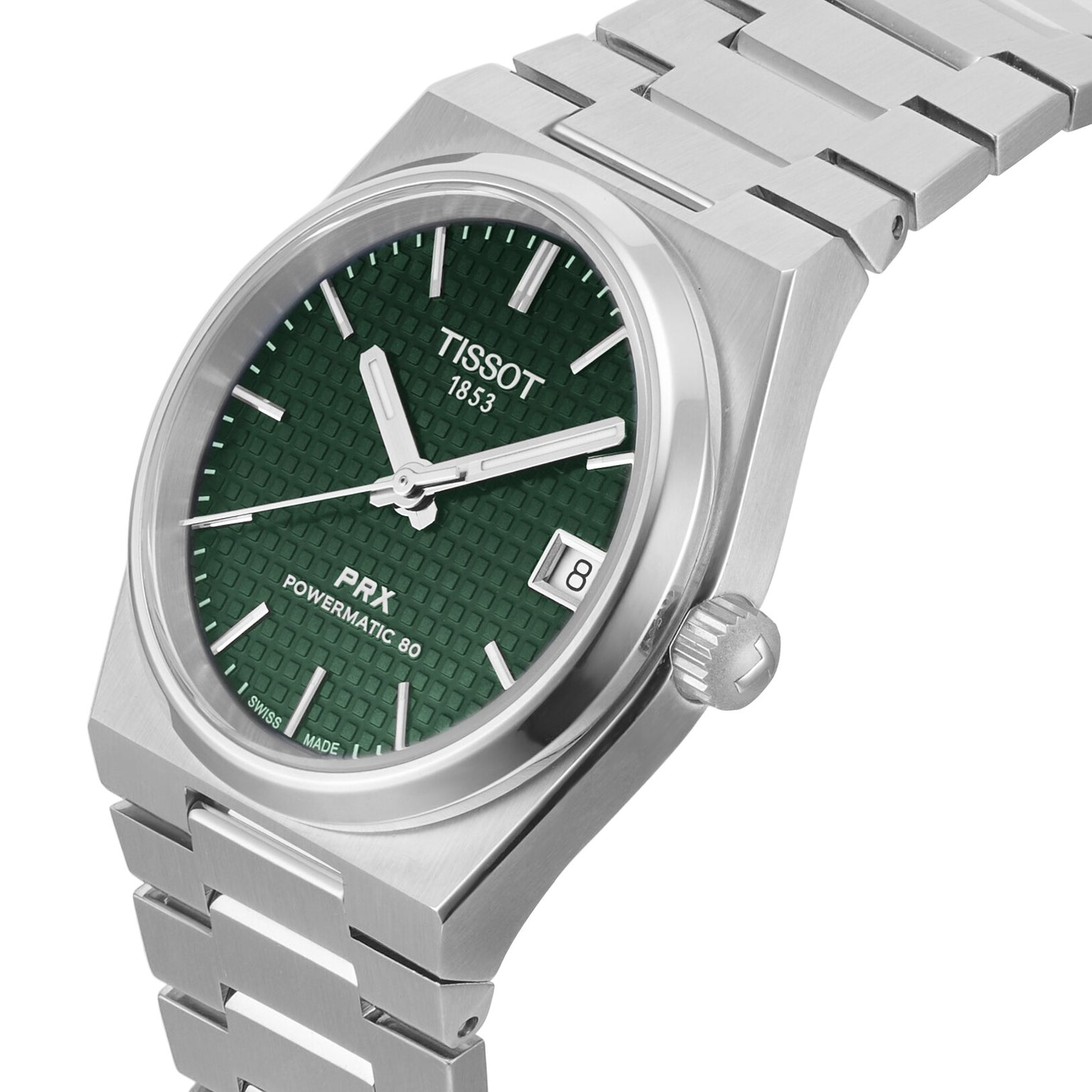 The Tissot PRX Powermatic 80 is a stainless steel 35mm wristwatch with a textured green dial, silver hour markers, and a date window at 3 o’clock.