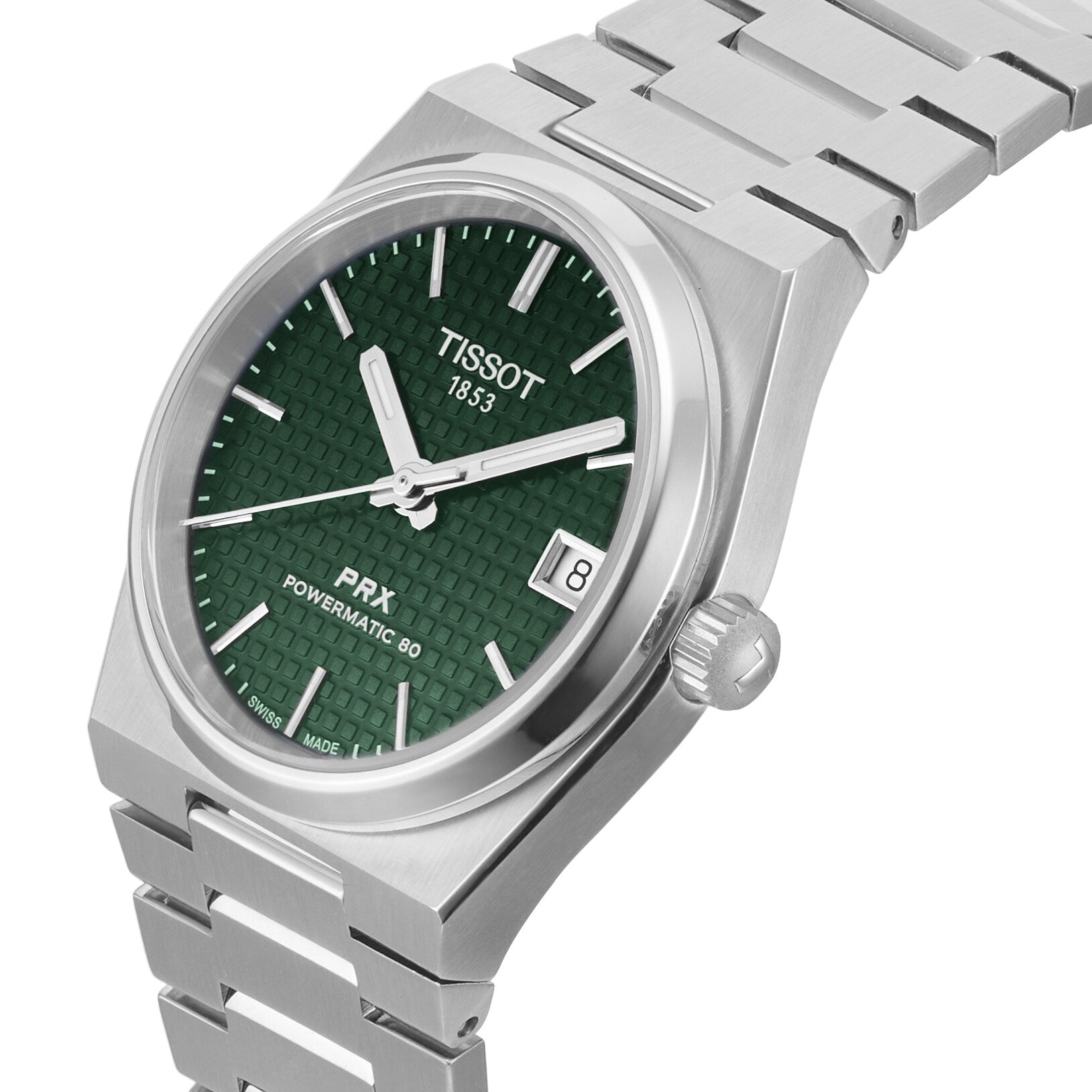 The Tissot PRX Powermatic 80 is a stainless steel 35mm wristwatch with a textured green dial, silver hour markers, and a date window at 3 o’clock.
