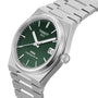 The Tissot PRX Powermatic 80 is a stainless steel 35mm wristwatch with a textured green dial, silver hour markers, and a date window at 3 o’clock.