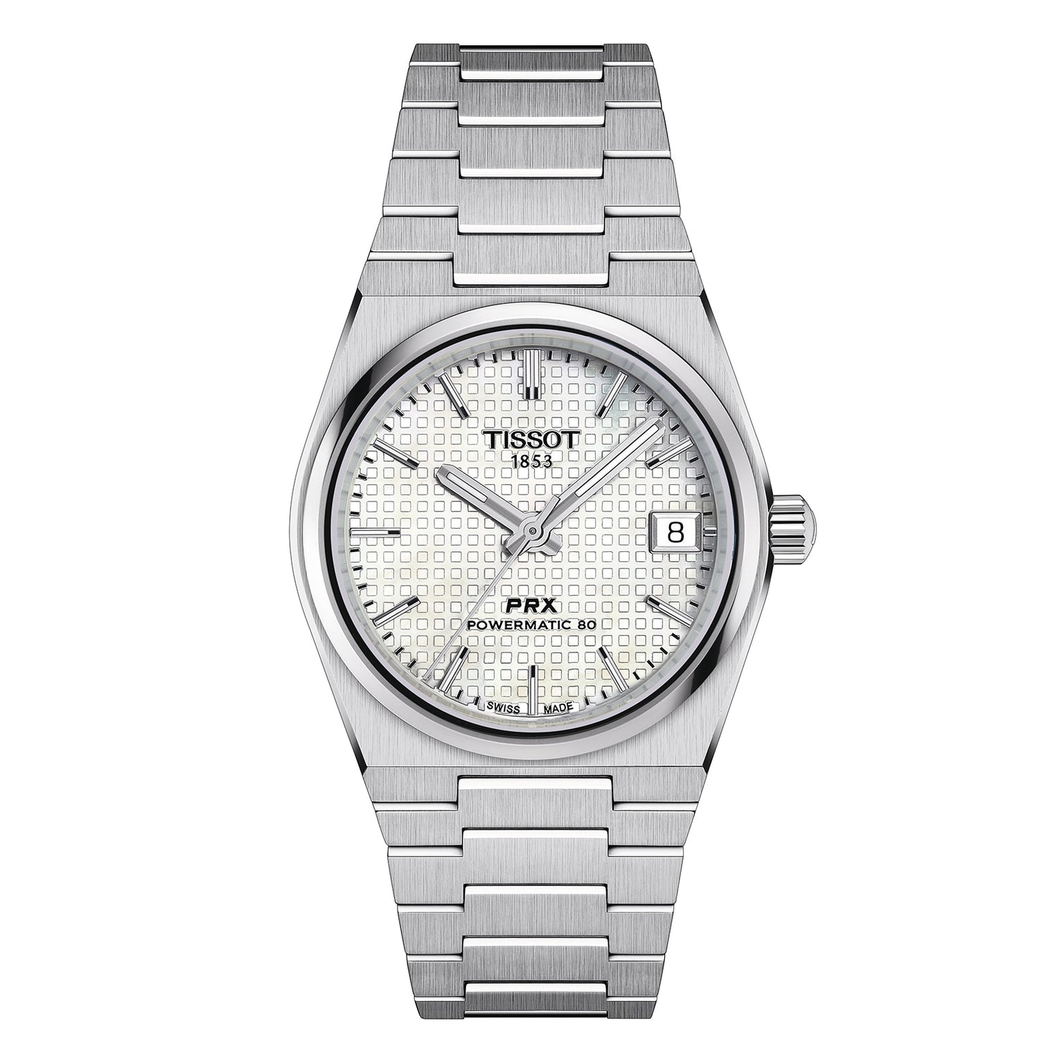 The Tissot PRX Powermatic 80 is a stainless steel 35mm wristwatch featuring a white mother-of-pearl textured dial, silver hands and hour markers, and a date window at 3 o’clock.