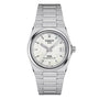 The Tissot PRX Powermatic 80 is a stainless steel 35mm wristwatch featuring a white mother-of-pearl textured dial, silver hands and hour markers, and a date window at 3 o’clock.