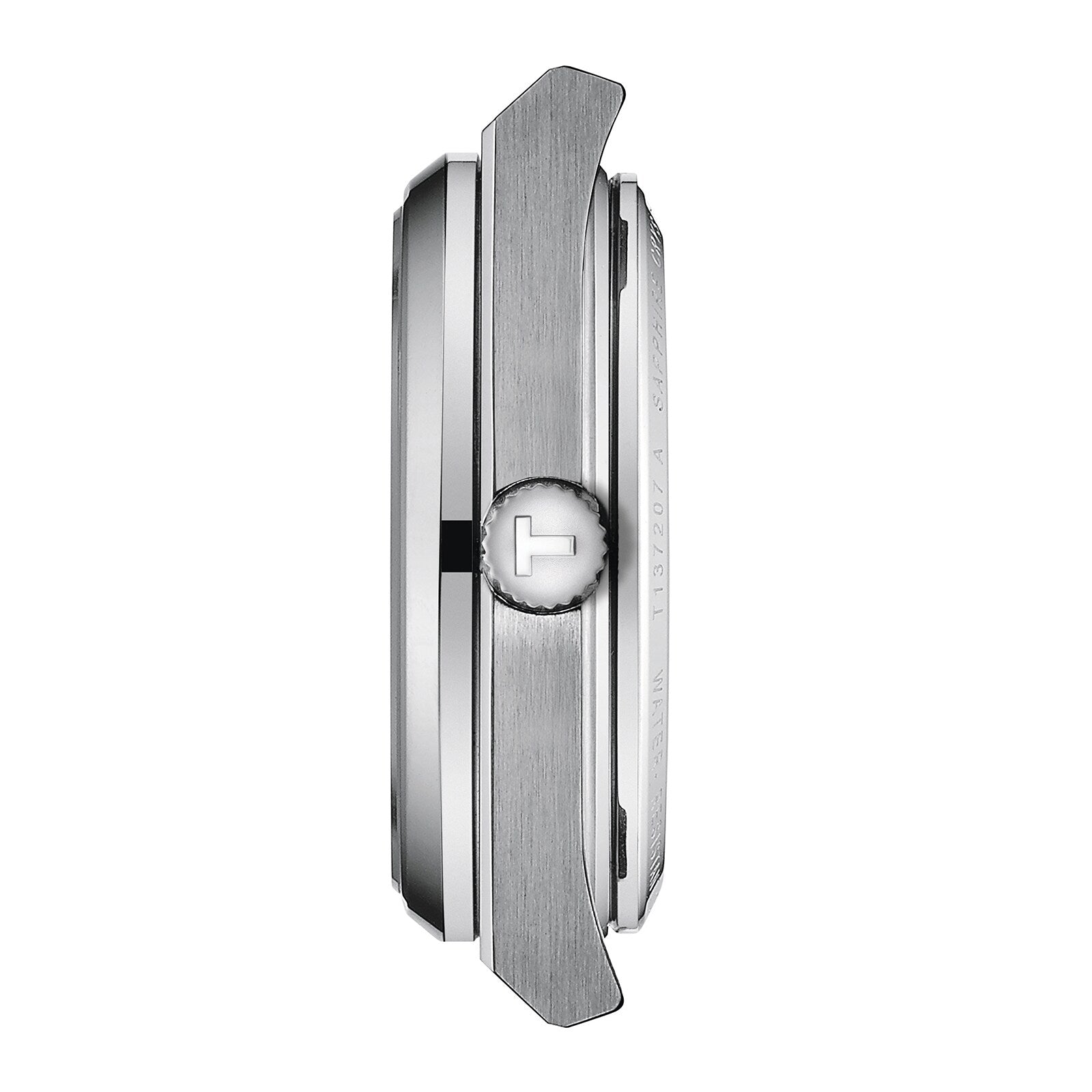 Profile view of a silver Tissot PRX Powermatic 80 wristwatch case with a brushed metal finish and a crown featuring the signature T-shaped logo.