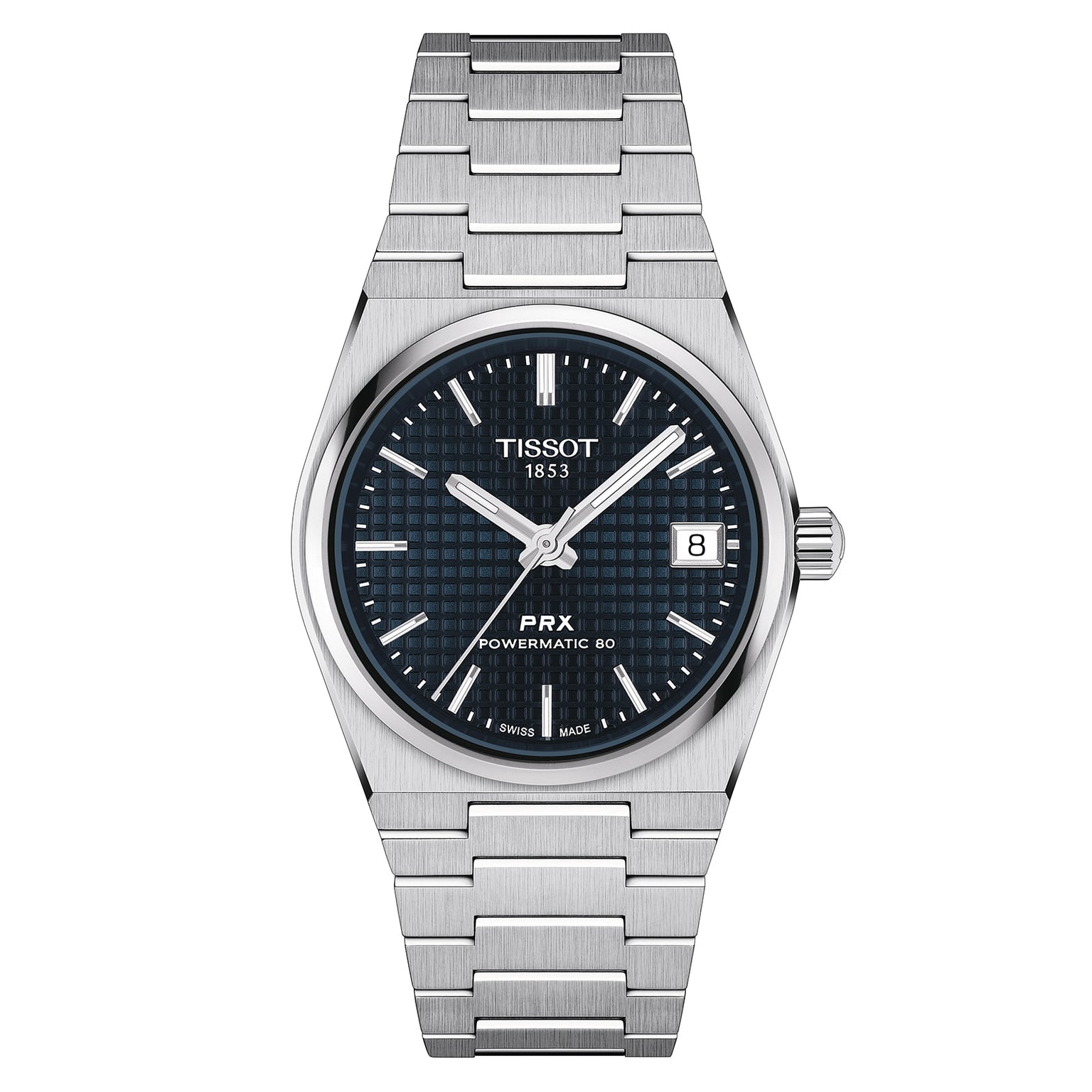 The Tissot PRX Powermatic 80 features a stainless steel case, blue dial with silver markers, date at 3 o’clock, and a sleek silver metal bracelet.