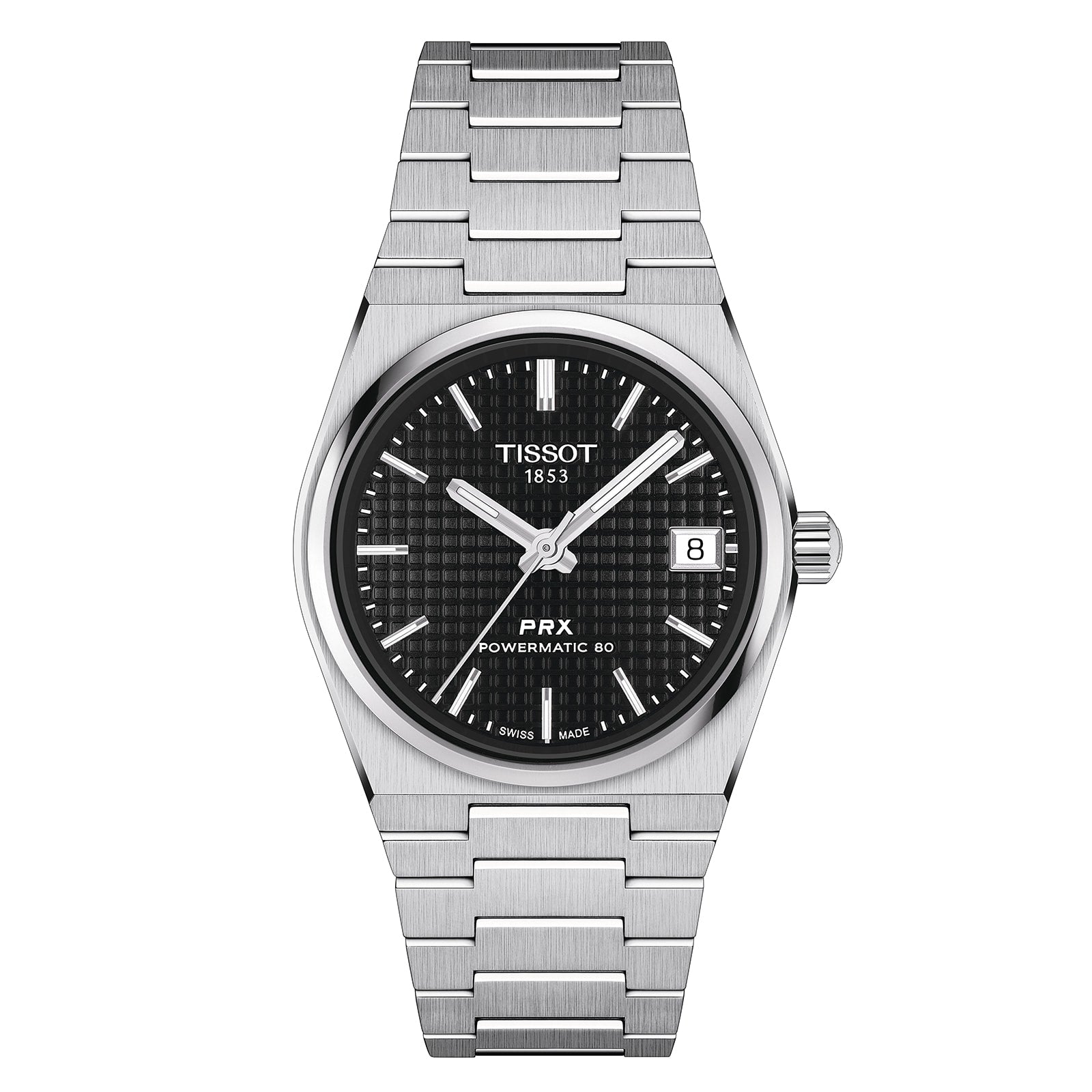 The Tissot PRX Powermatic 80 is a stainless steel watch with a 35mm case, black waffle dial, baton markers, date at 3 oclock, and an integrated bracelet.