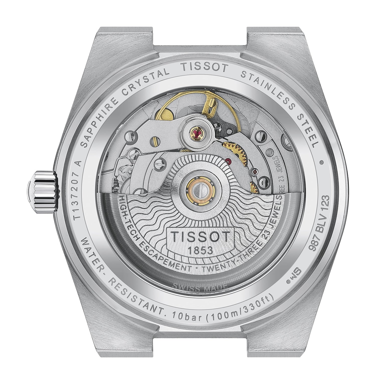 Close-up of the Tissot PRX Powermatic 80s 35mm case back, displaying its automatic movement and labeled with sapphire crystal plus 10 bar water resistance.