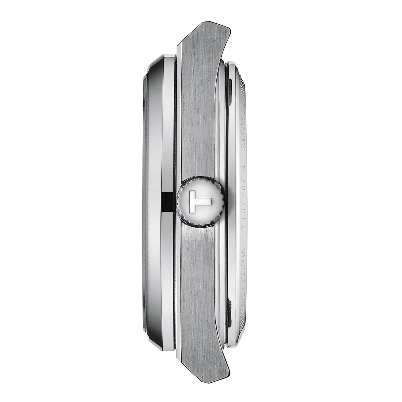 Side view of a Tissot PRX Powermatic 80 wristwatch case in silver with a brushed metal finish, angular edges, and a crown featuring the stylized Tissot T logo, isolated on a white background.