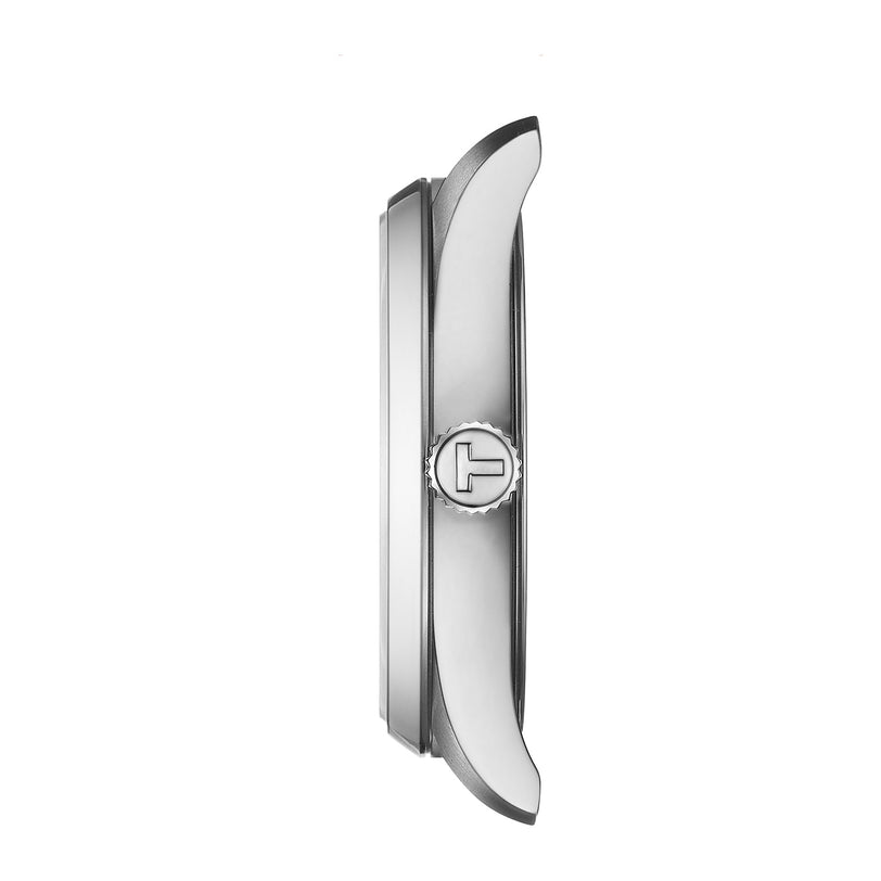 Side view of the Tissot PR 100 silver wristwatch, highlighting its crown and slim profile against a white background.